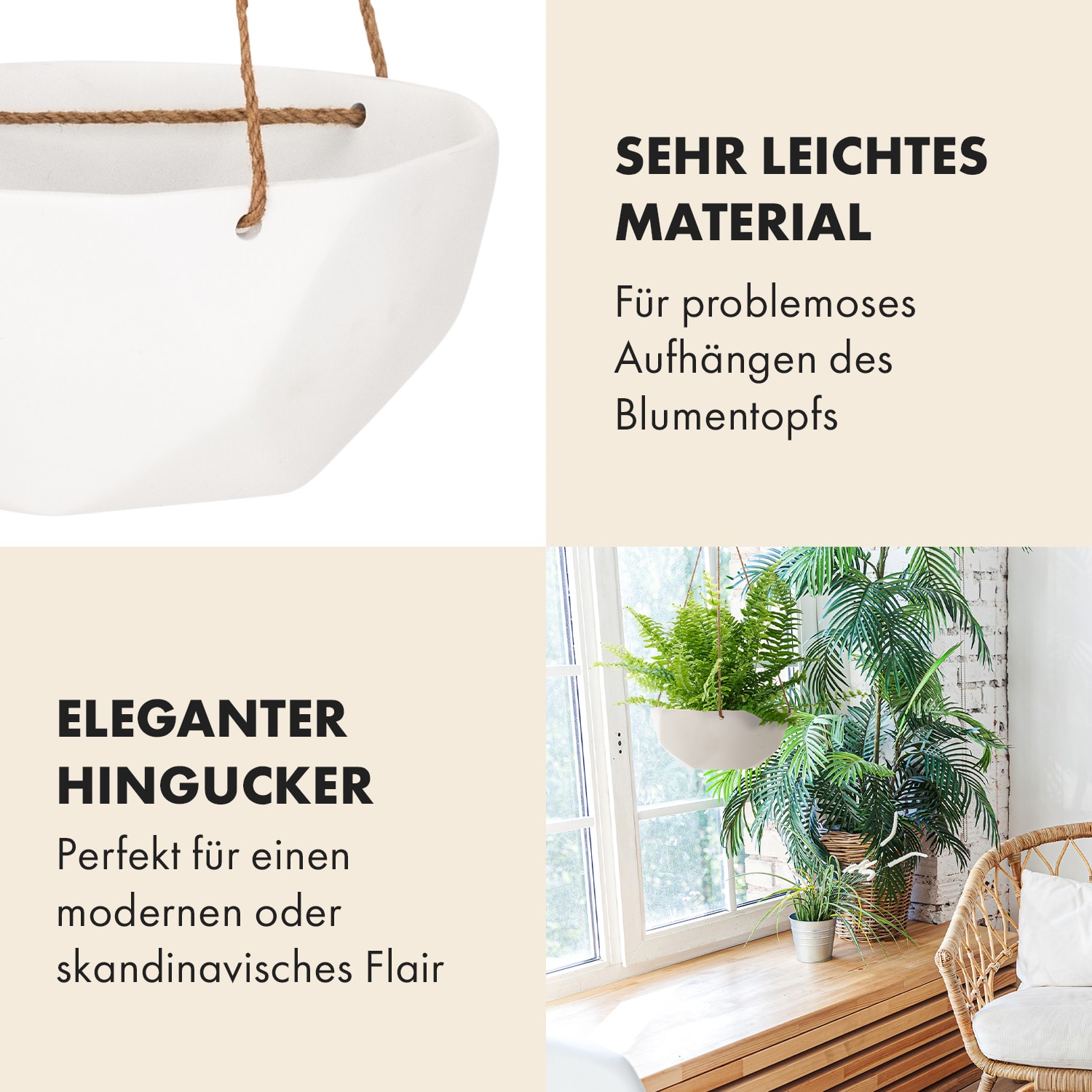 Laren Blumenampel Ø 28 cm Polystone mit Naturseilen 2er-Set 