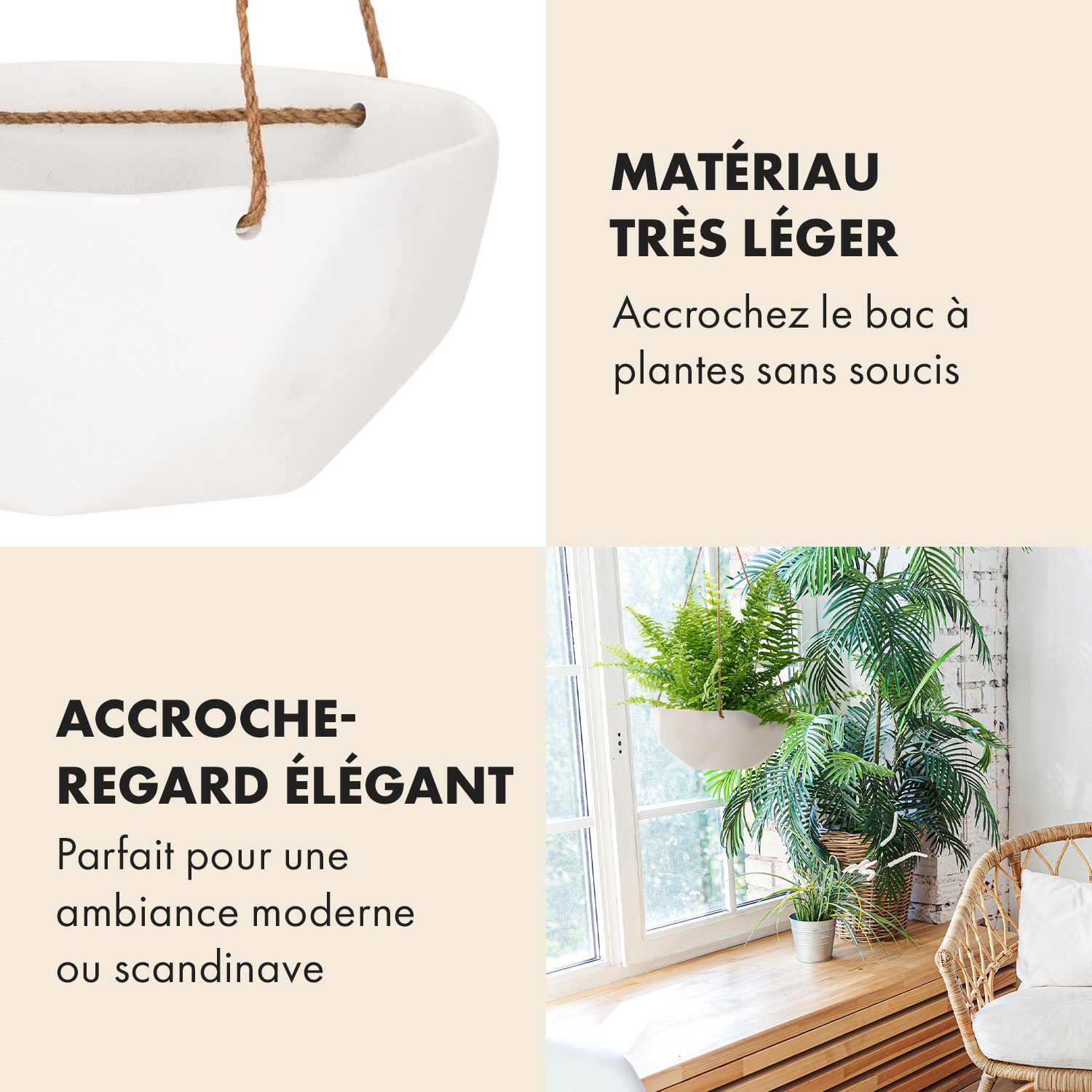 Panier suspendu Laren Ø 28 cm polystone avec cordes naturelles lot de 2