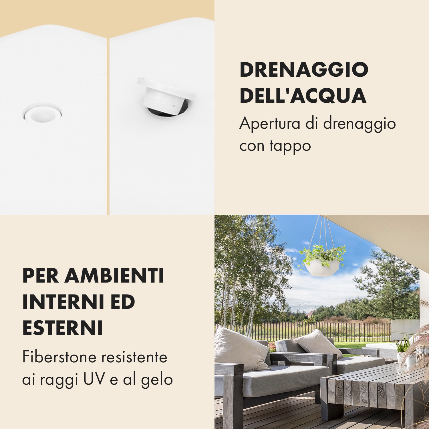 Laren, vaso pensile, Ø 28 cm, polystone, con corde naturali 