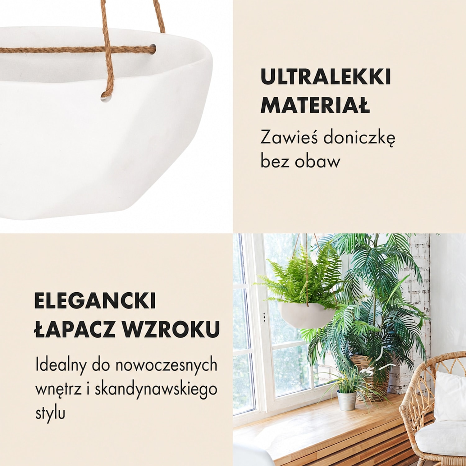 Laren, osłonka na doniczkę wisząca, Ø 28 cm, Polystone, naturalne linki, zestaw 2 sztuk 