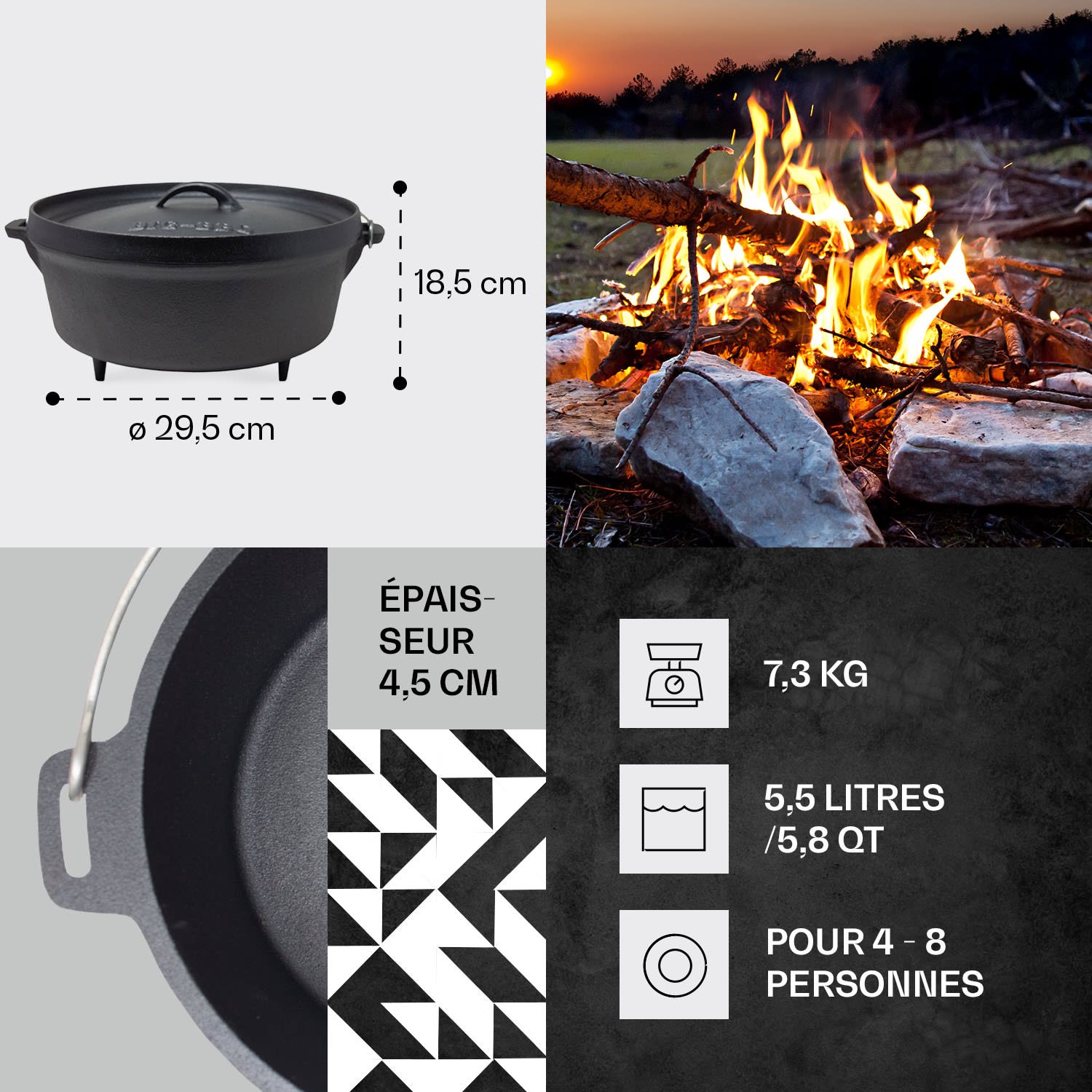 Galloway Dutch Oven 5.8 BBQ Pot Fonte Pieds de support Taille M / 5.8 qt ca. 5,5 L / 5.8 qt | pieds
