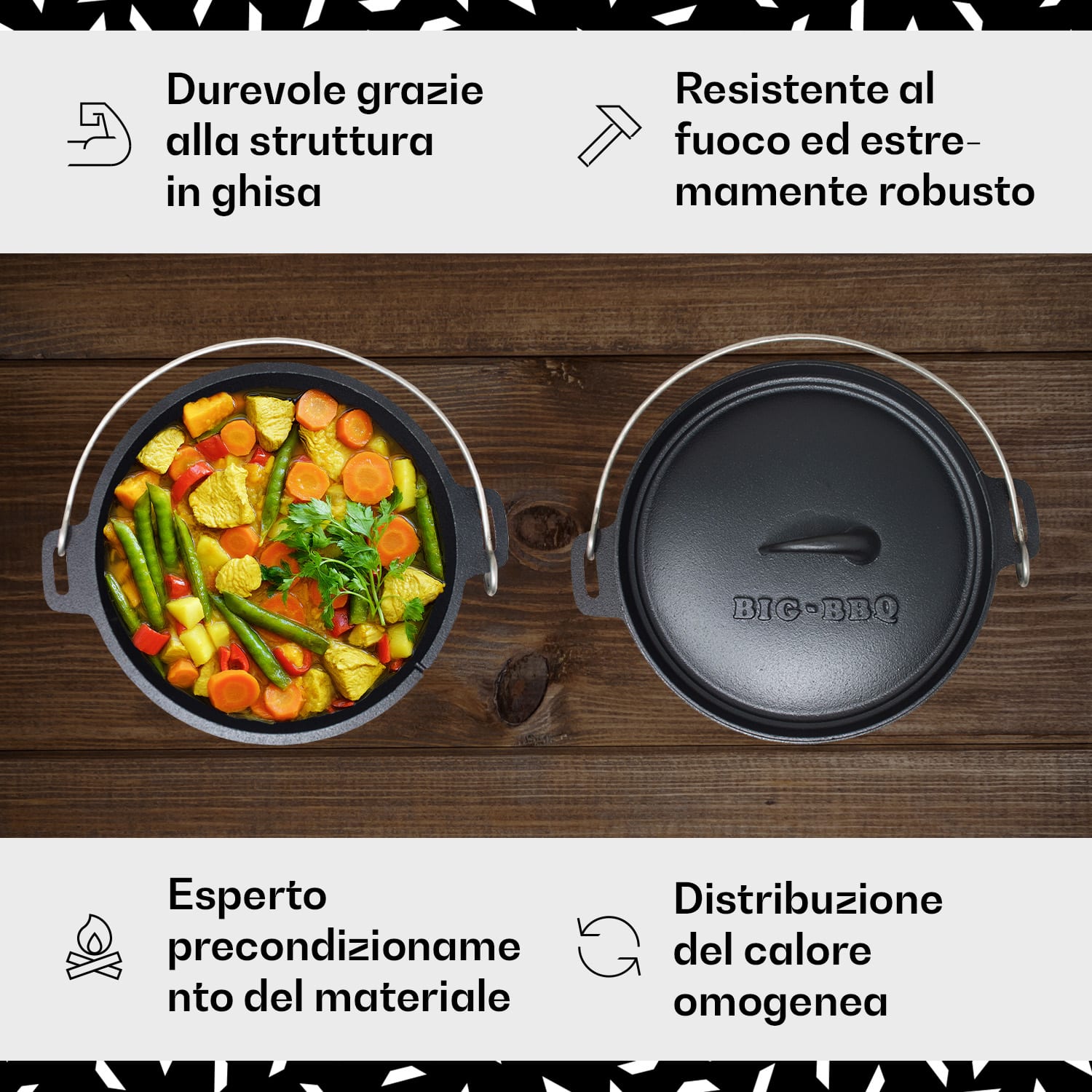 Galloway - Dutch oven 5.8, pentola per BBQ, ghisa, pretrattata, piedi d'appoggio, misura M/5.8 qt ca. 5,5 L / 5.8 qt | i piedi