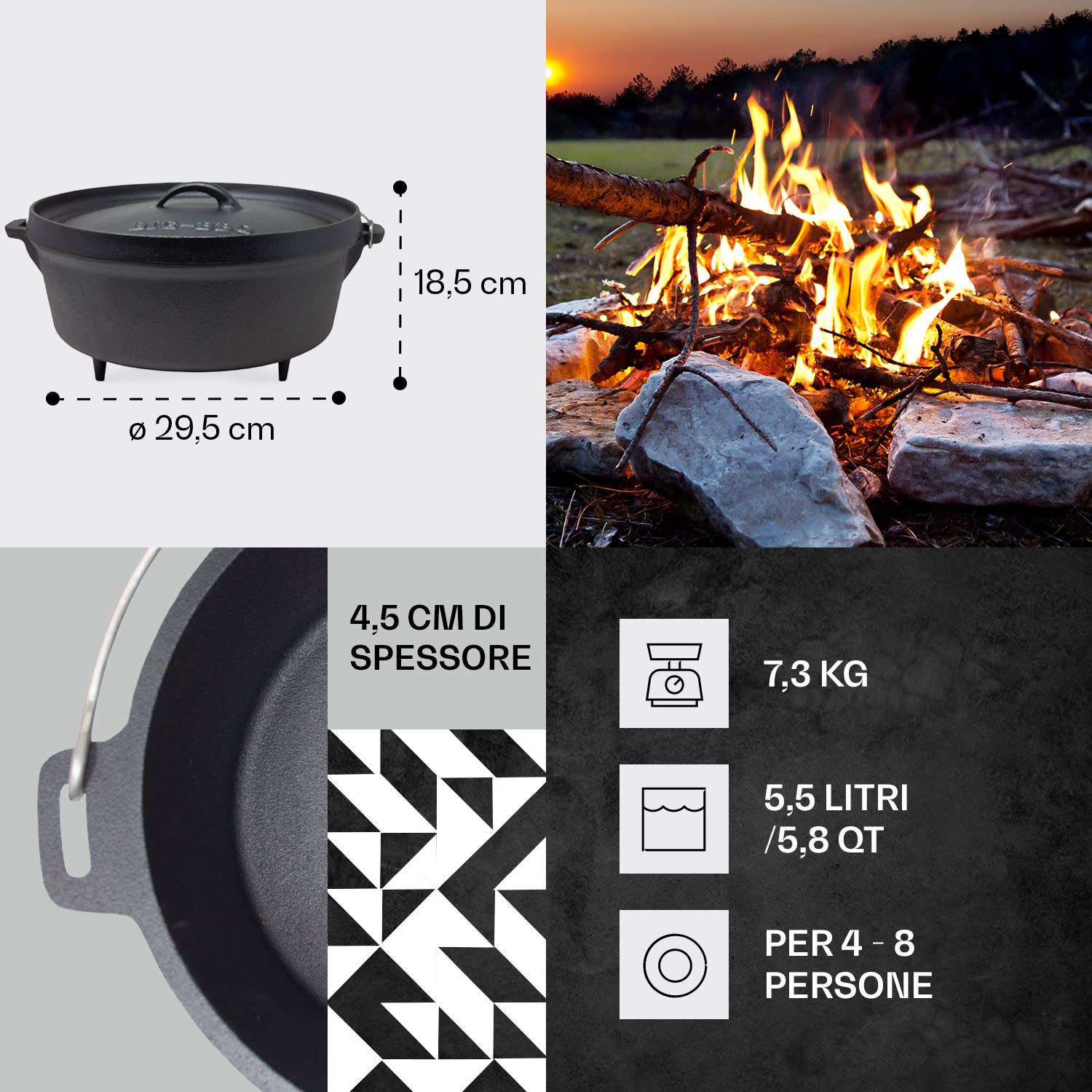 Galloway - Dutch oven 5.8, pentola per BBQ, ghisa, pretrattata, piedi d'appoggio, misura M/5.8 qt ca. 5,5 L / 5.8 qt | i piedi