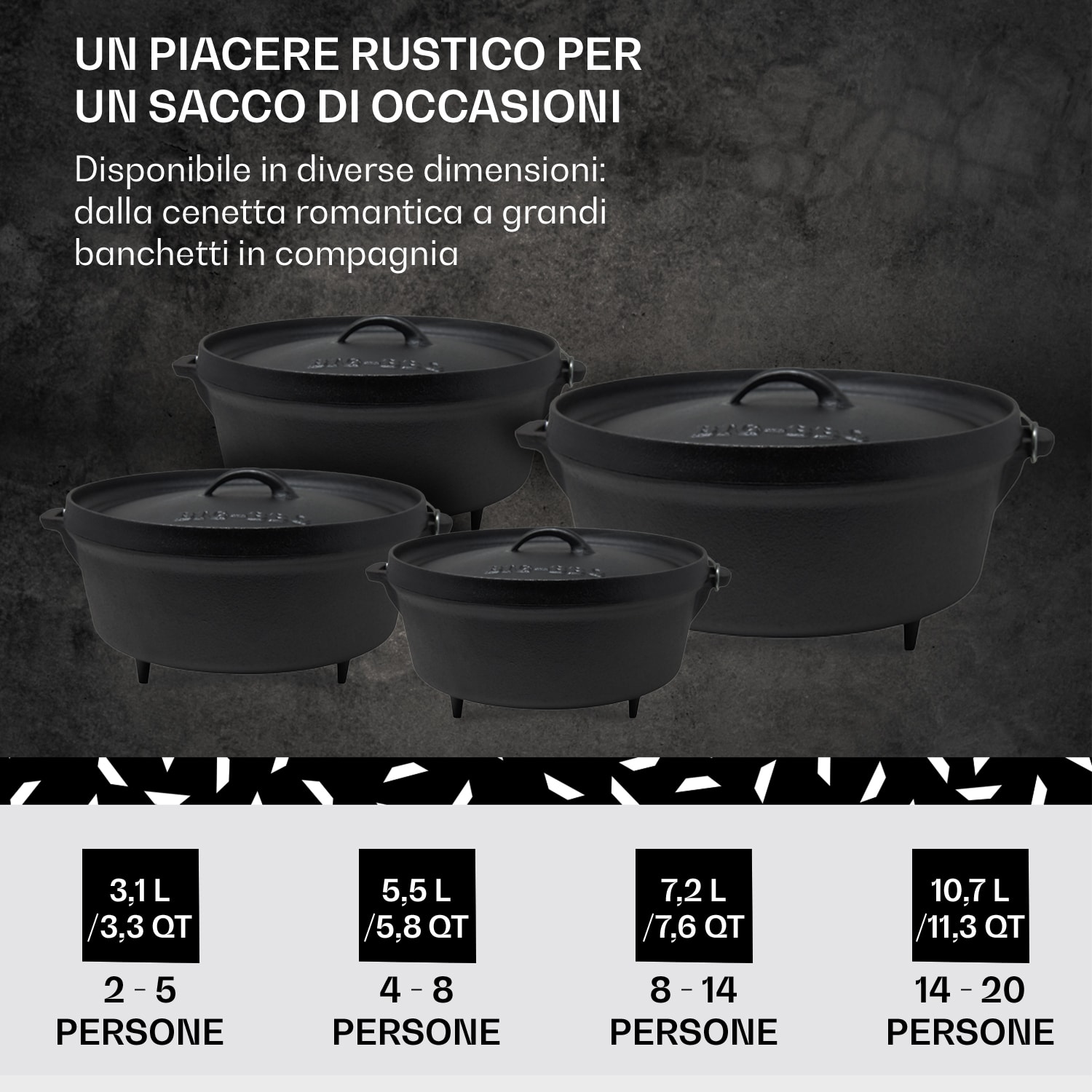 Galloway - Dutch oven 5.8, pentola per BBQ, ghisa, pretrattata, piedi d'appoggio, misura M/5.8 qt ca. 5,5 L / 5.8 qt | i piedi