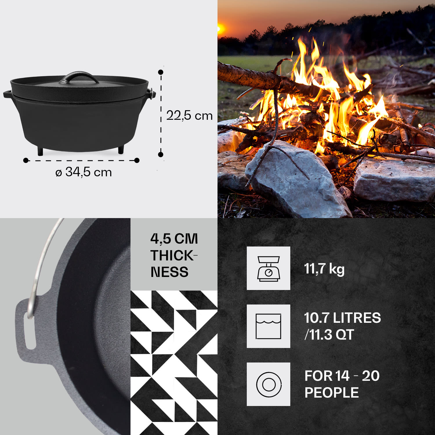 Galloway, öntöttvas edény, 11.3 barbecue edény, öntöttvas, lábacskák, XL/10,7 l méret 