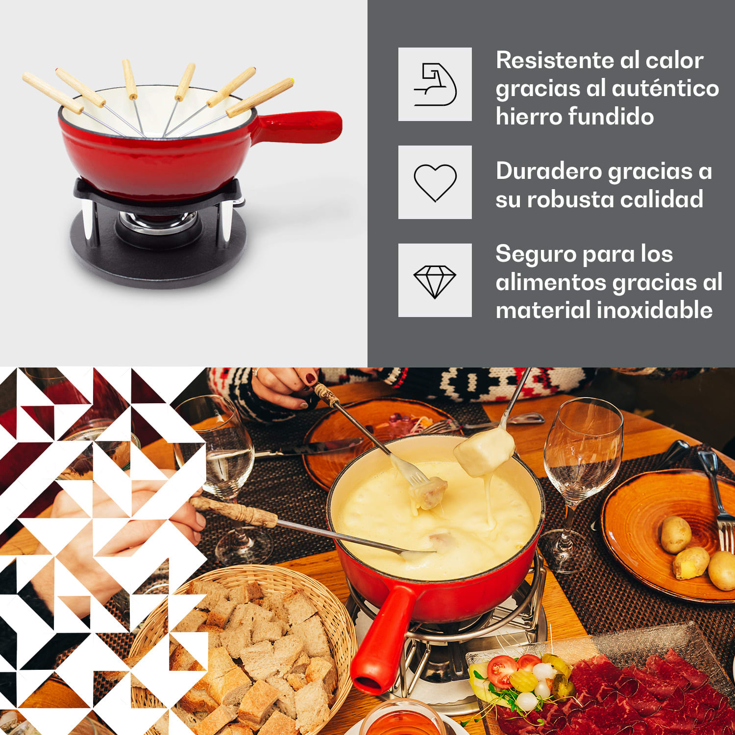 Holsten Set de fondue olla calentador hornillo 6 tenedores 1.5 L hierro fundido Rojo