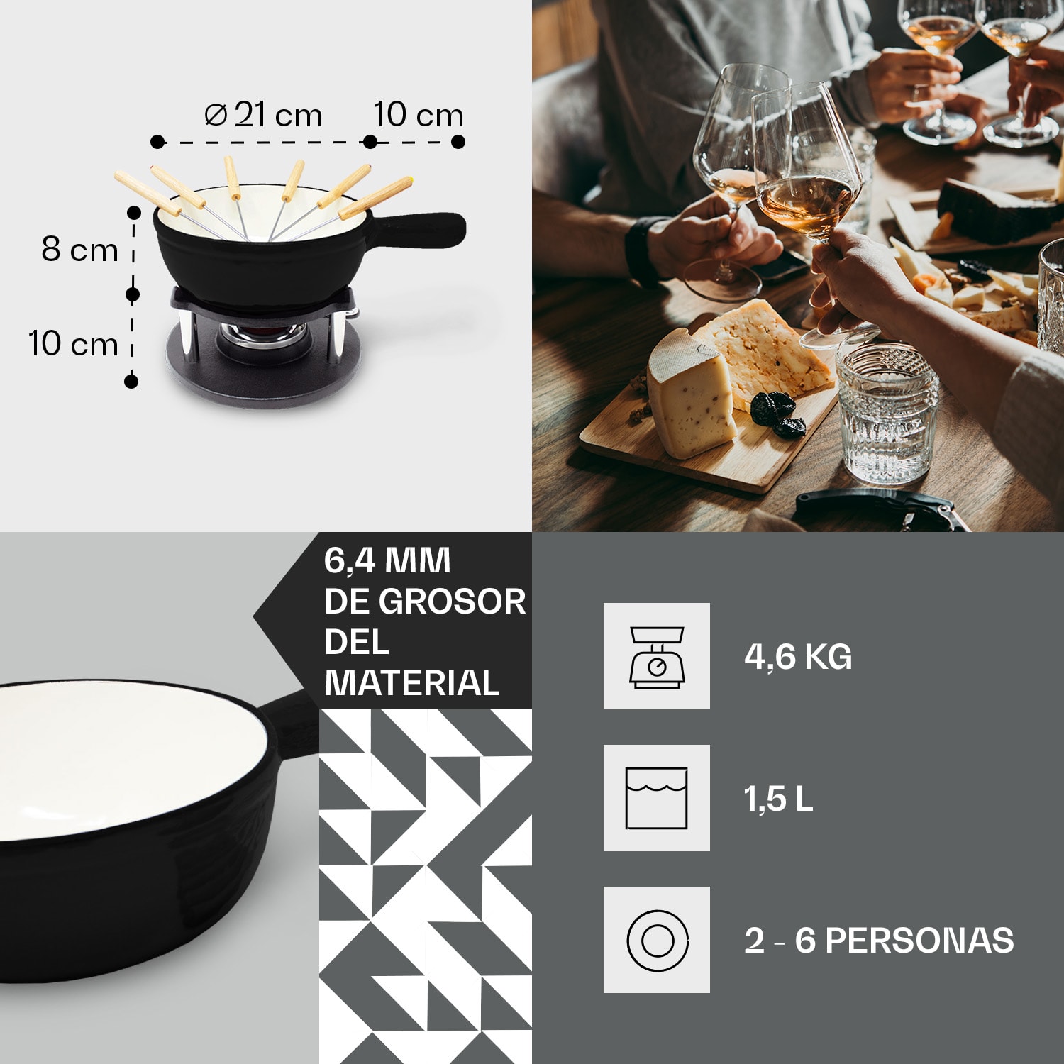 Holsten Set de fondue olla calentador hornillo 6 tenedores 1.5 L hierro fundido 