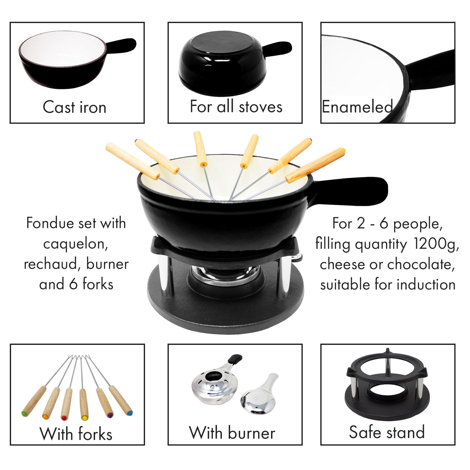 Holsten, zestaw do fondue, podgrzewacz, palnik, 6 widelców, żeliwo, 1,5 l Czarny