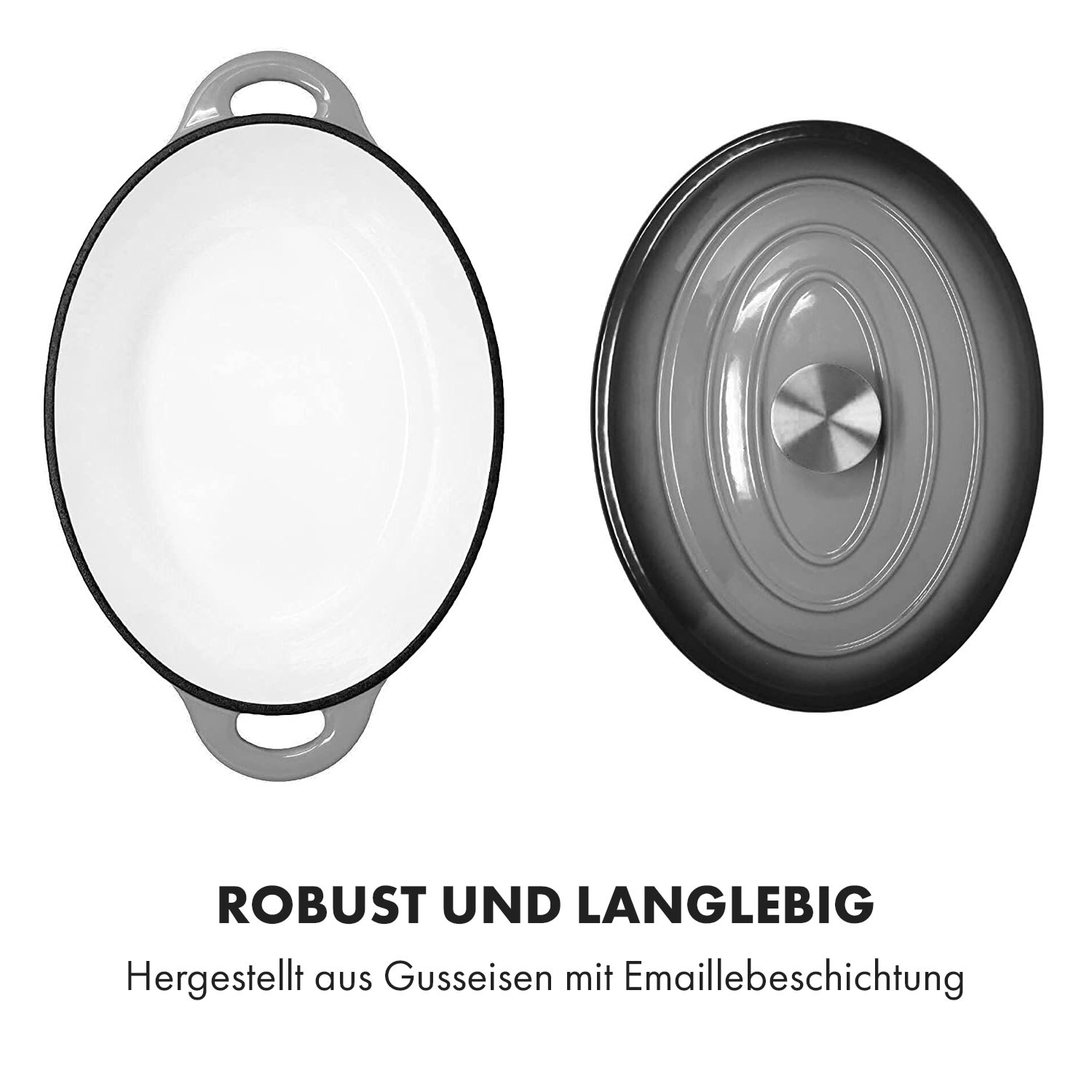 Podolica Bräter 4 Liter Kasserolle Gusseisen emailliert oval zwei Griffe 4 Ltr. | Mittelgrau