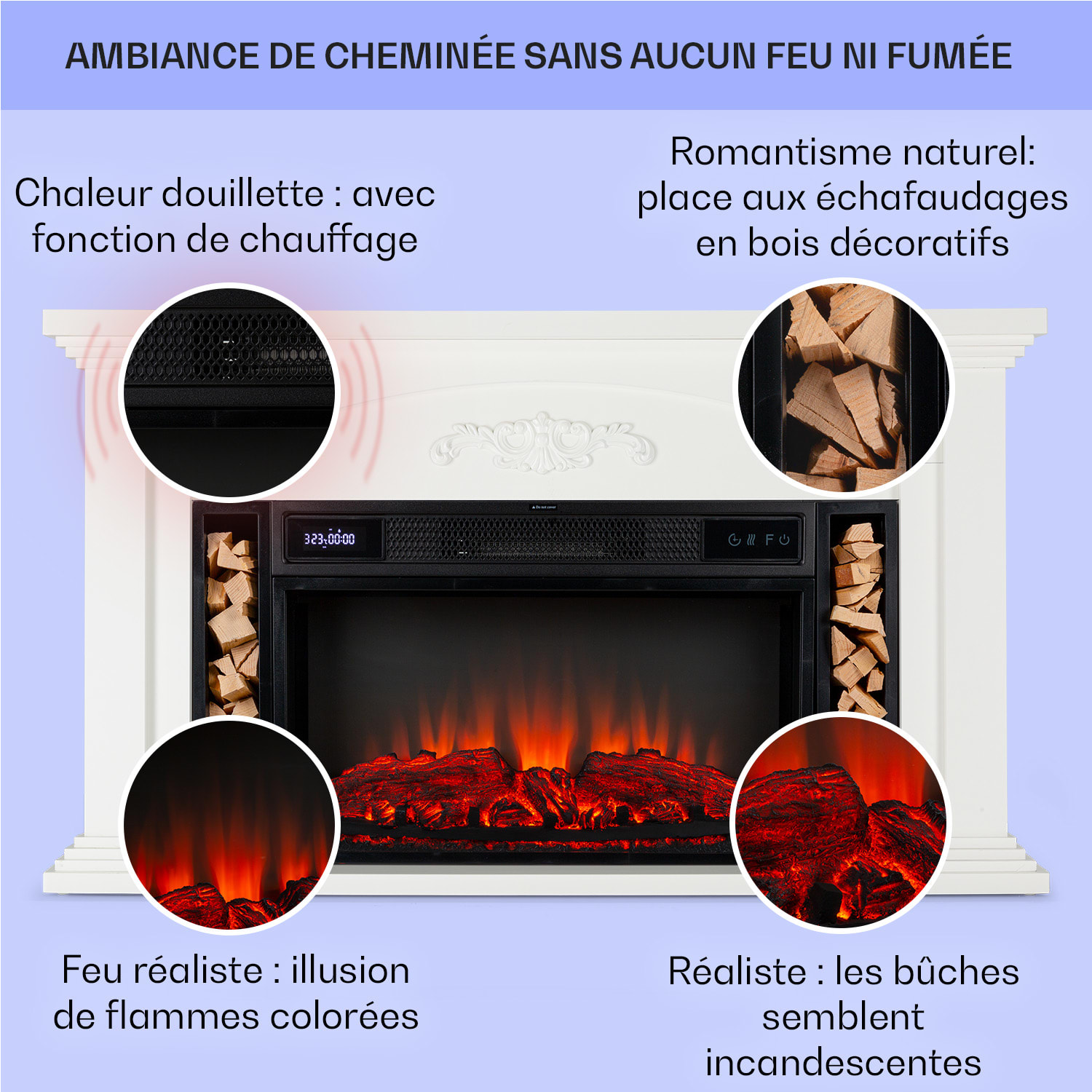 Saint Helens cheminée électrique 1900 W Technologie LED Télécommande  Ivoire