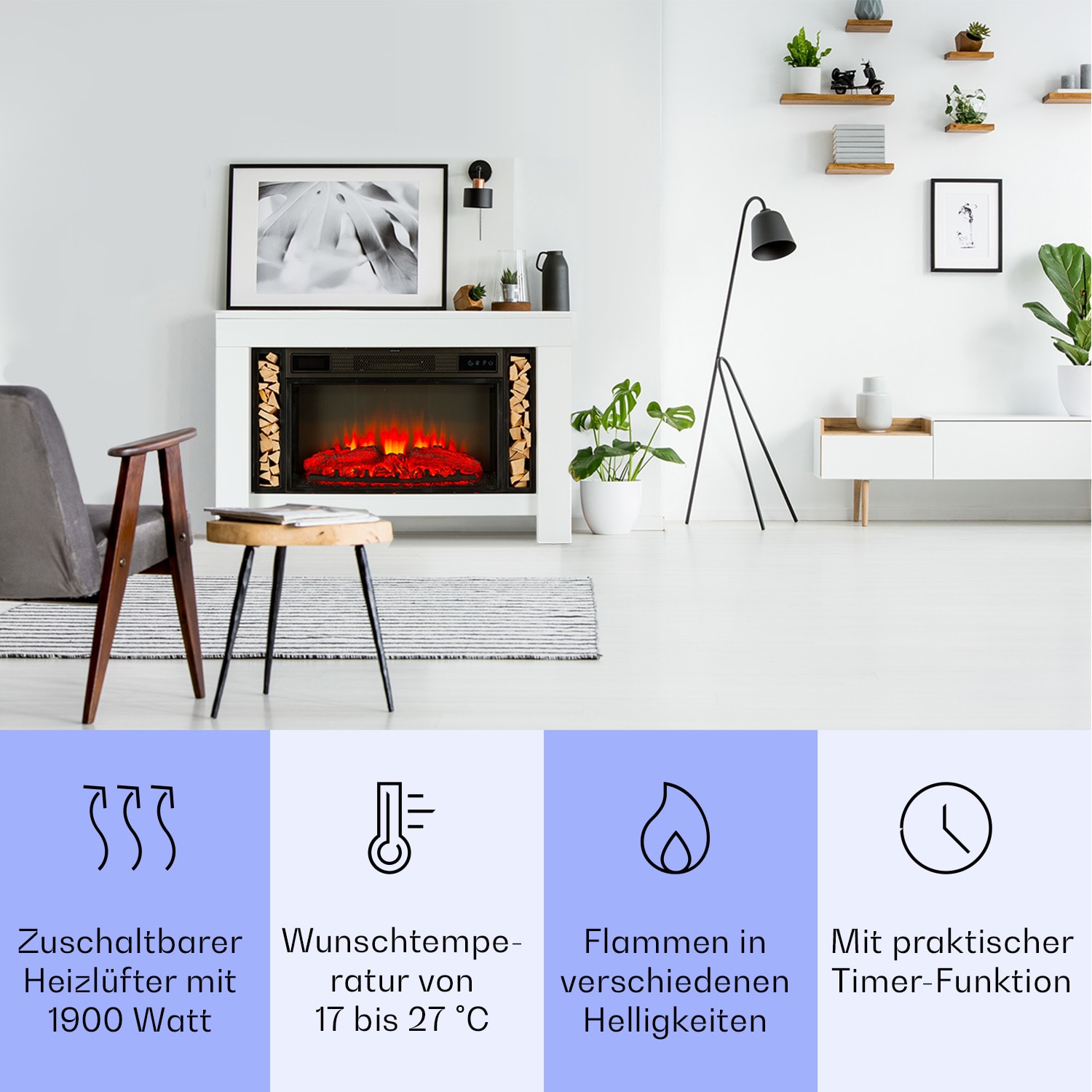 Studio Loft 2 cheminée électrique 1900 W Technologie LED Télécommande  Blanc