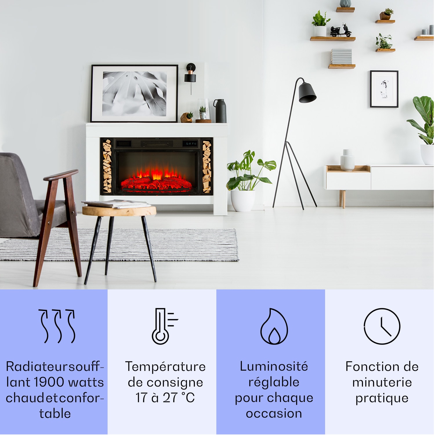 Studio Loft 2 cheminée électrique 1900 W Technologie LED Télécommande  Blanc