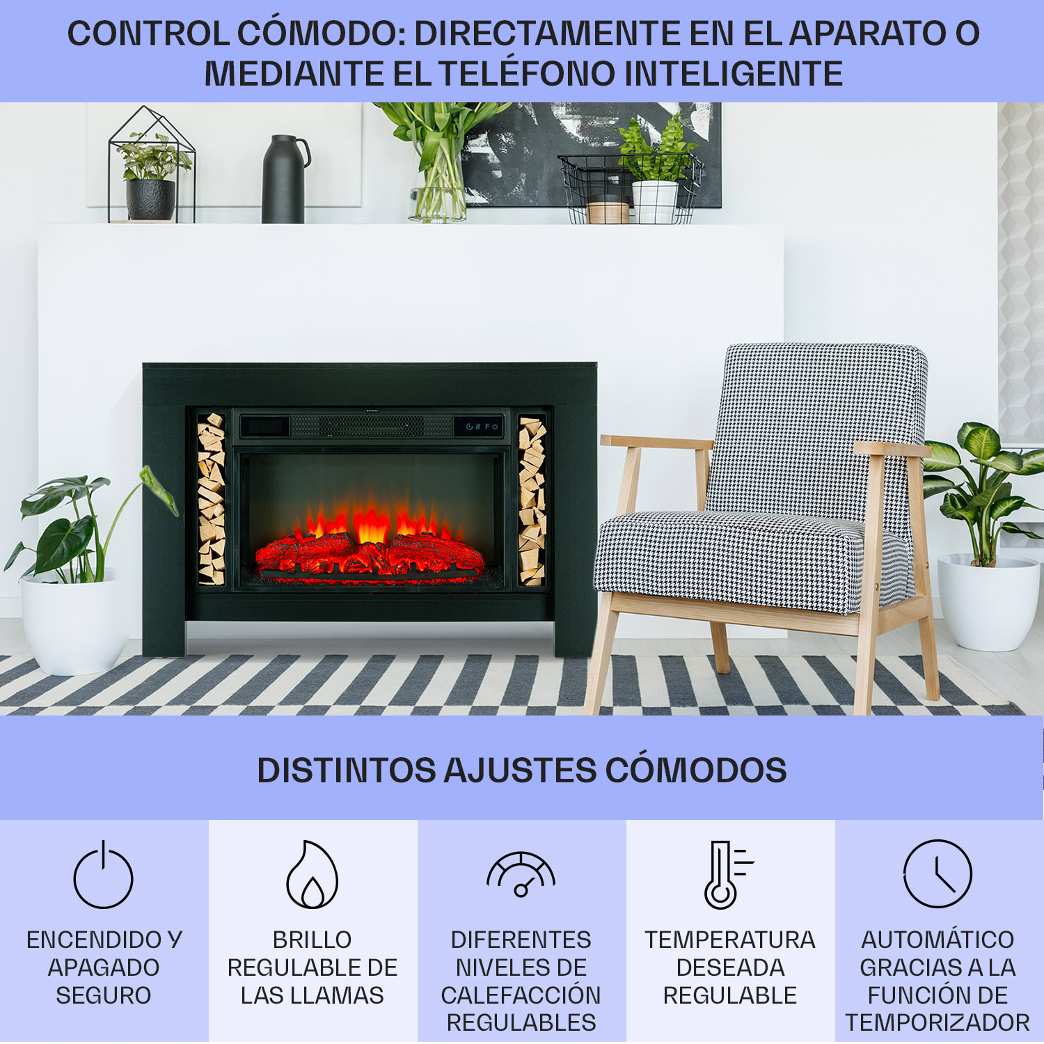 Studio Loft 2 Chimenea eléctrica 1900 W Led Mando a distancia  Negro
