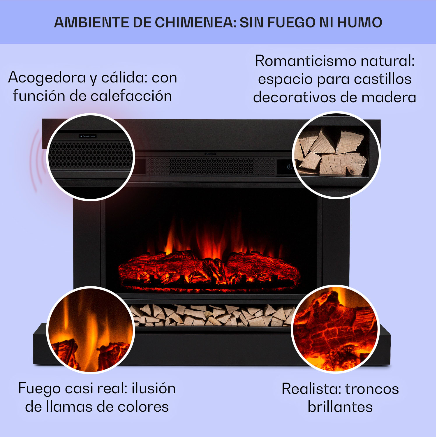Vulsini Hideaway Chimenea eléctrica 1900 W Tecnología led Mando a distancia Estructura de chimenea con aspecto de estudio | Negro