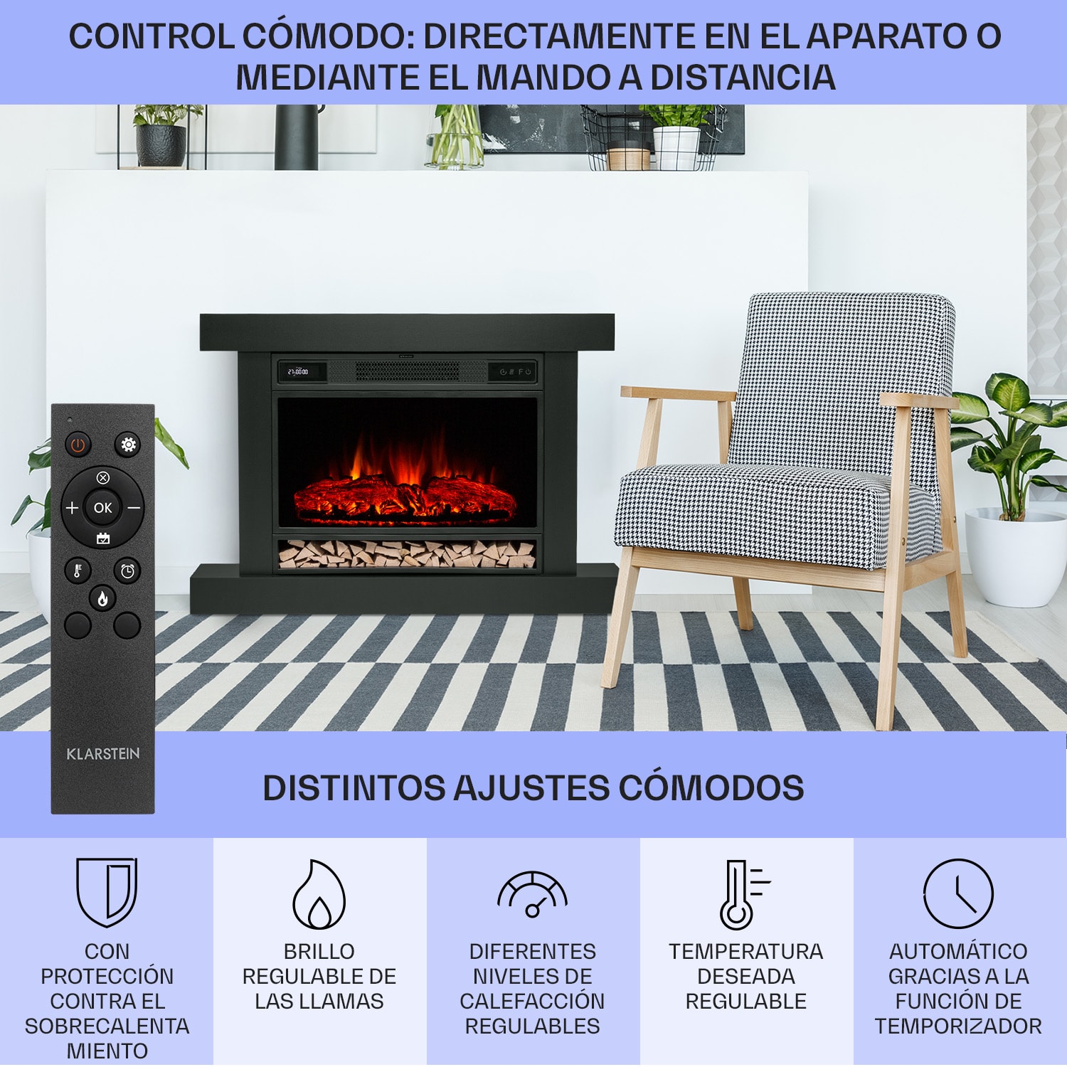 Vulsini Hideaway Chimenea eléctrica 1900 W Tecnología led Mando a distancia Estructura de chimenea con aspecto de estudio | Negro