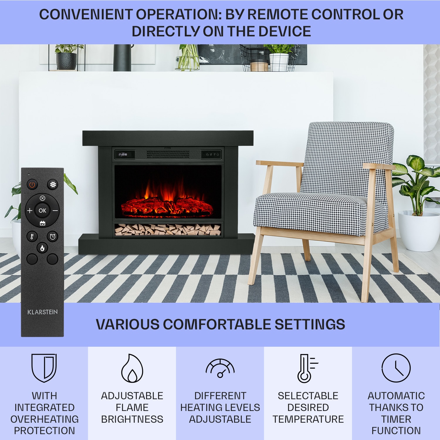 Vulsini Hideaway elektrische haard 1900 W ledtechniek afstandsbediening Schootsteenmantel in studio-look | Zwart