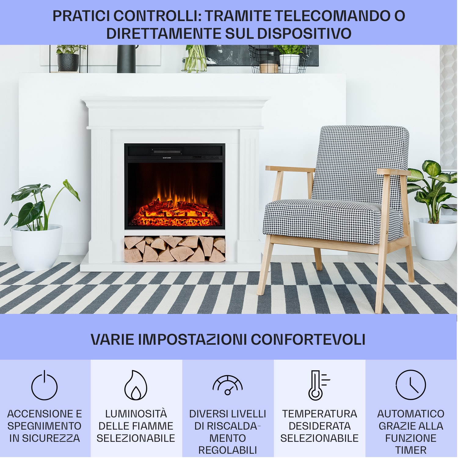 Las Pilas - Camino elettrico, ventola riscaldante, 900/1800 W, timer settimanale, telecomando 1800 W | Bianco