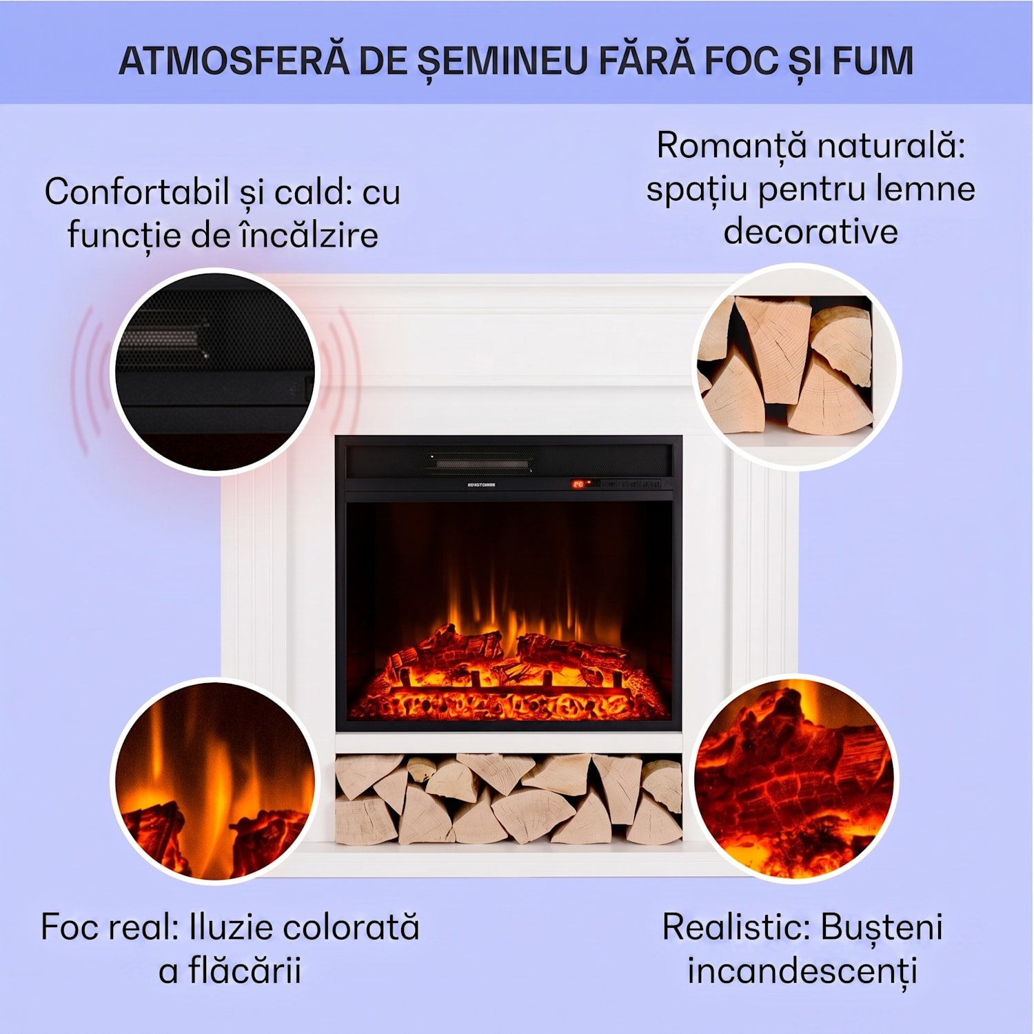 Las Pilas, încălzitor electric de șemineu cu ventilator, 900/1800 W, temporizator săptămânal, telecomandă 1800 W | Alb
