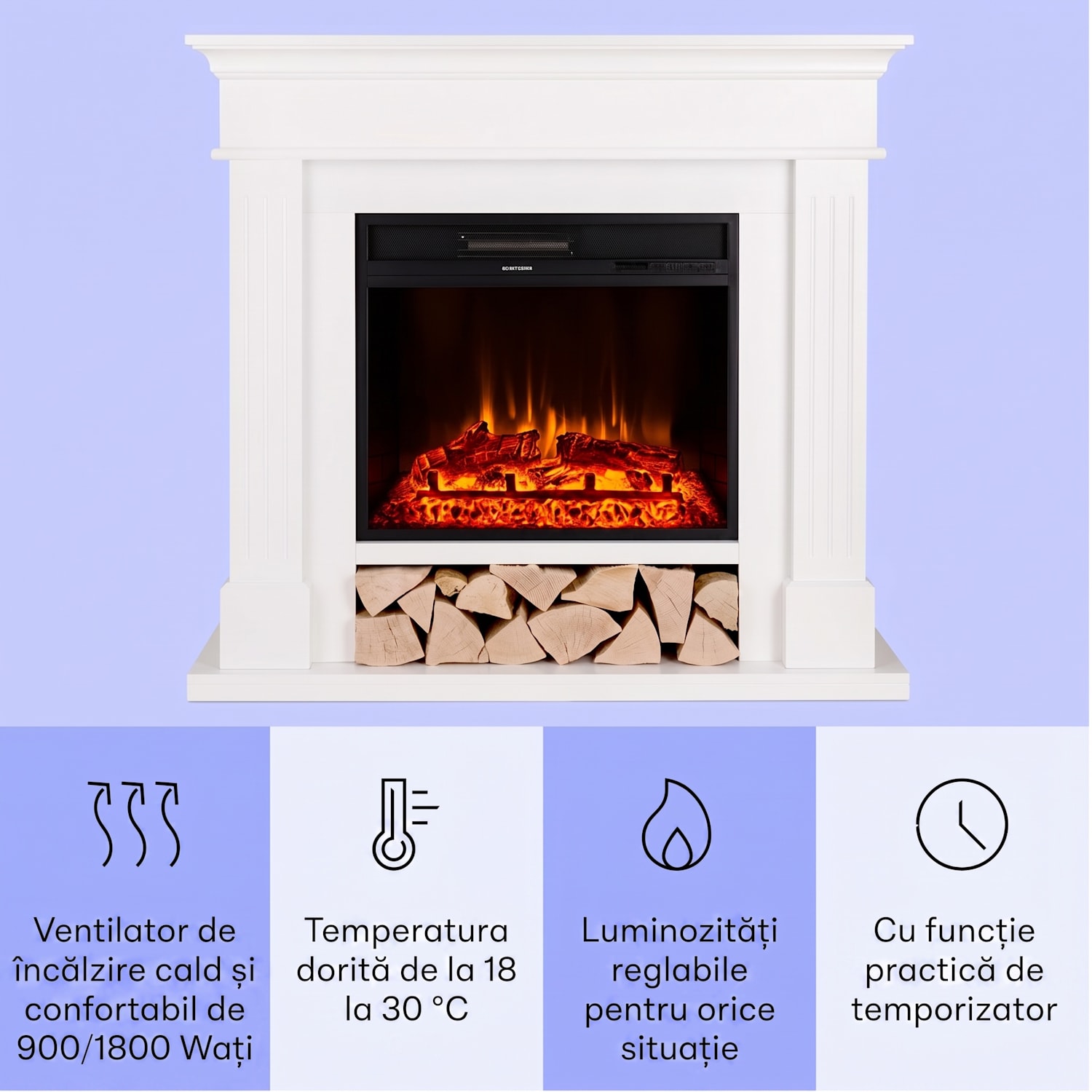 Las Pilas, încălzitor electric de șemineu cu ventilator, 900/1800 W, temporizator săptămânal, telecomandă 1800 W | Alb