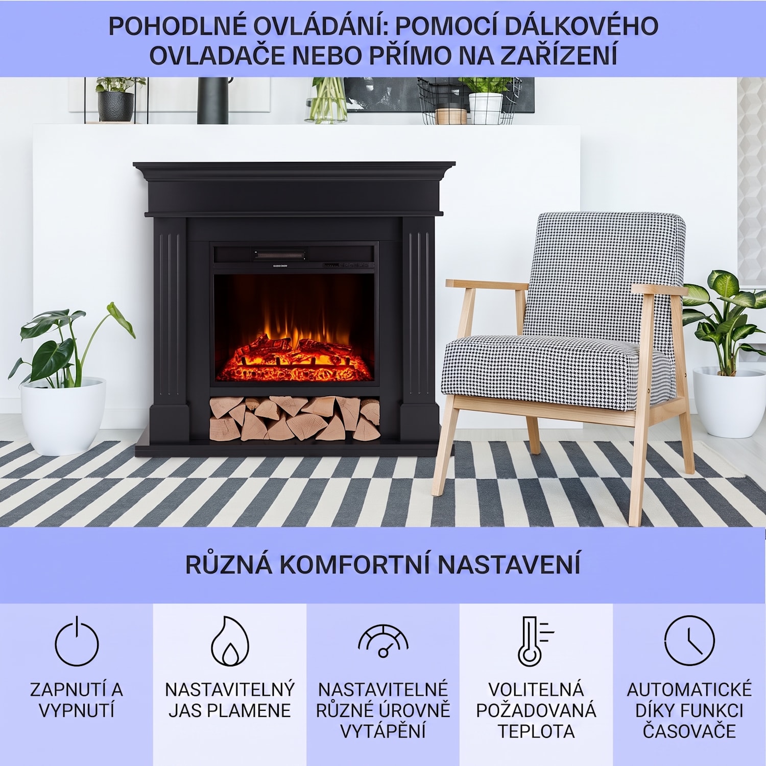 Las Pilas elektrický krb s topným ventilátorem 900/1800W, týdenní časovač, dálkové ovládání 1800 W | Černá