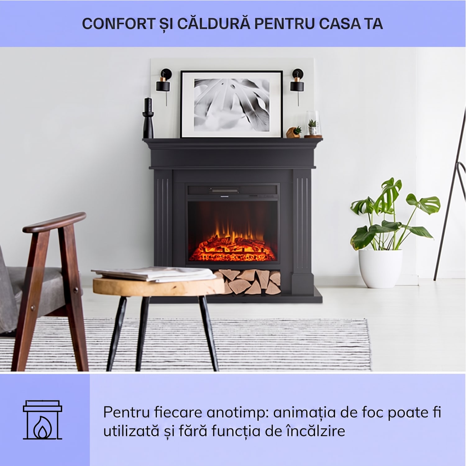 Las Pilas șemineu electric cu ventilator încălzitor 900/1800W, cronometru săptămânal, telecomandă 1800 W | Negru