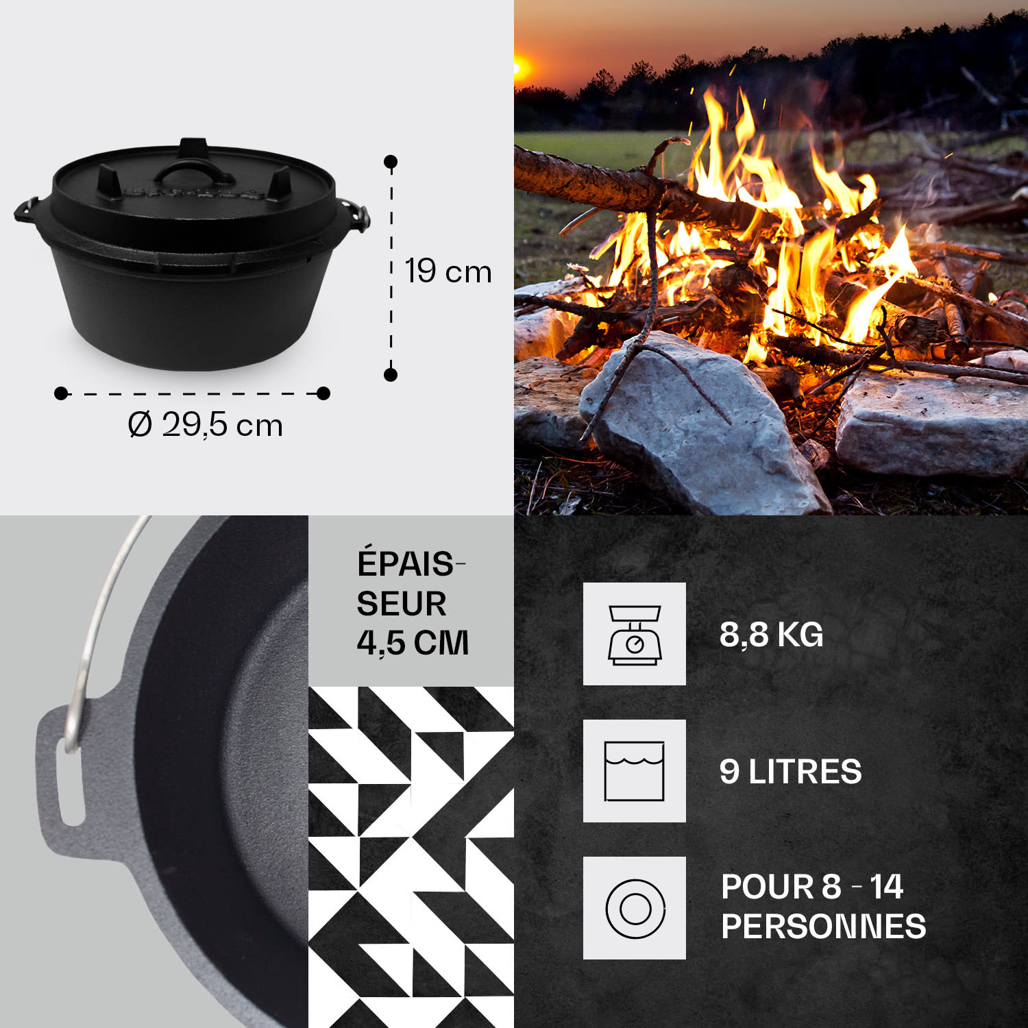 Guernsey Premium Dutch Oven 9.0 BBQ-pot gietijzer ingebrand maat L / 9 qt ca. 8,5 Ltr / 9 qt | zonder voeten