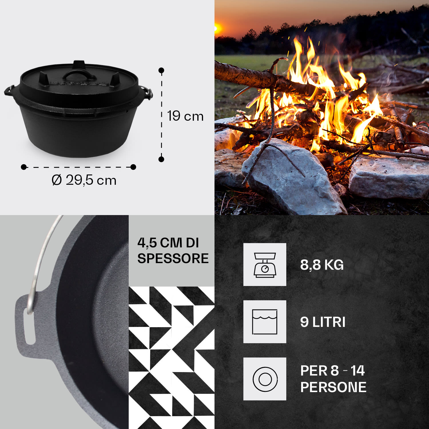Guernsey - Premium dutch oven 9.0, pentola per BBQ, ghisa, pretrattata, misura L/9 qt ca. 8,5 Ltr / 9 qt | senza piedi