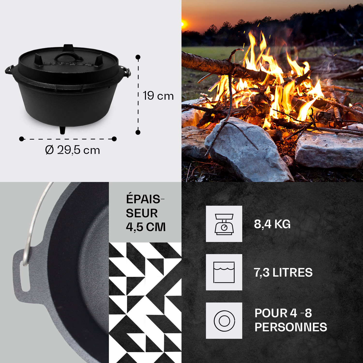Guernsey Premium Dutch Oven 6.0 BBQ Pot Fonte Pieds de support Taille M / 6 qt ca. 5,6 Ltr / 6 qt | pieds