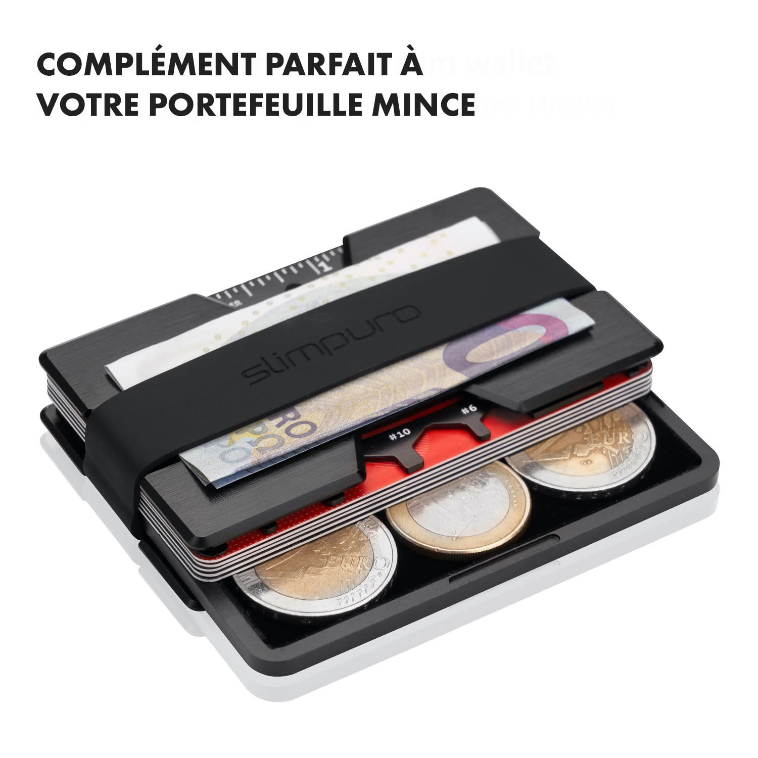 Carte de monnaie avec feutre pour portefeuilles fins Rangement des pièces Aluminium 