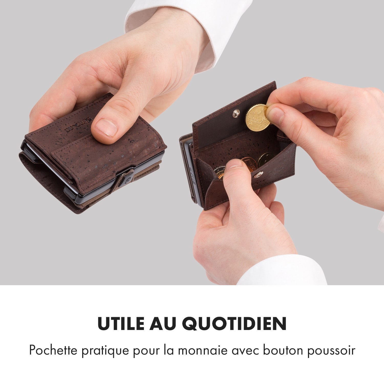 Pochette pour pièces de monnaie avec protection RFID pour les portefeuilles ZNAP Slim 8 et 12 avec bouton poussoir  Structure de liège | Brun