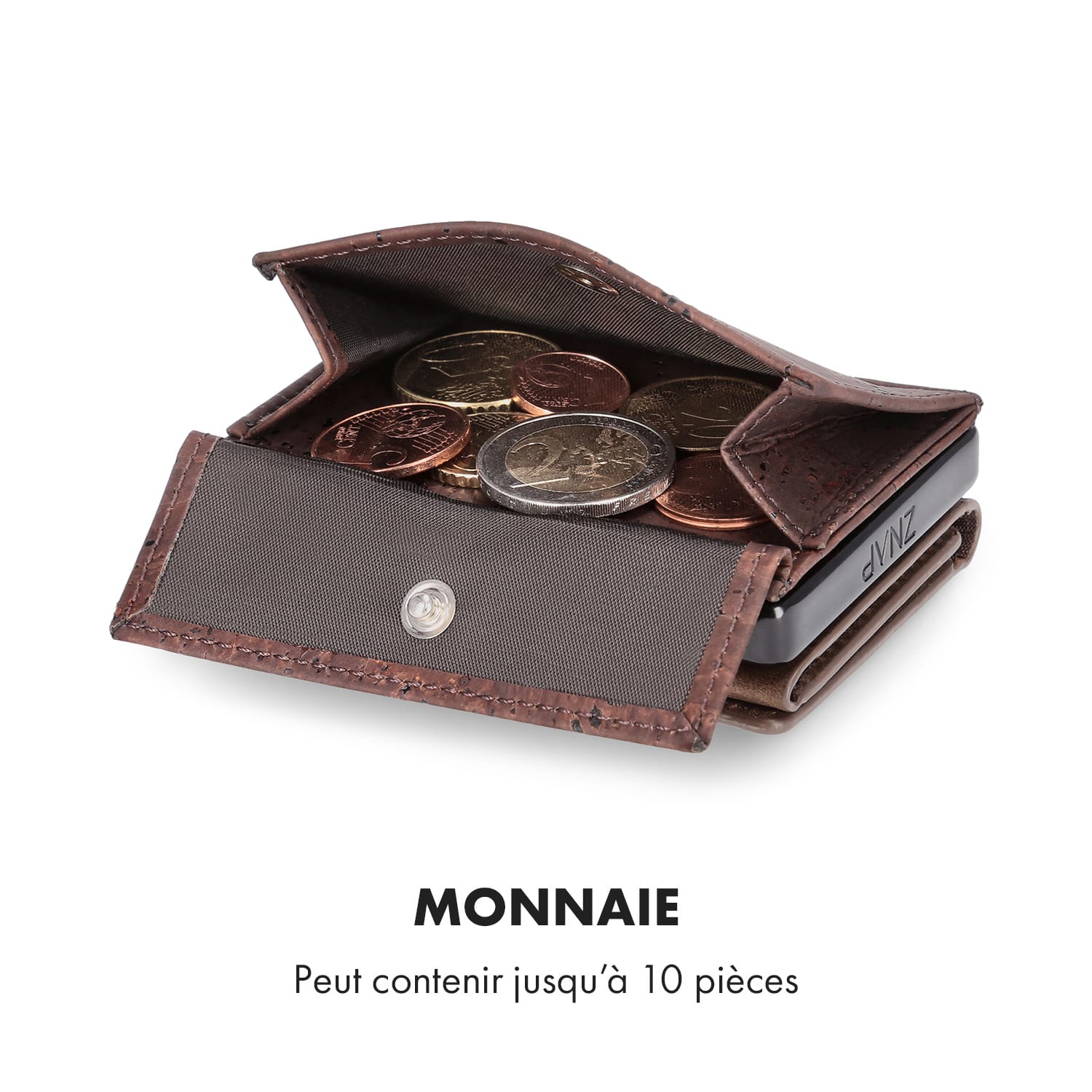 Pochette pour pièces de monnaie avec protection RFID pour les portefeuilles ZNAP Slim 8 et 12 avec bouton poussoir  Structure de liège | Brun