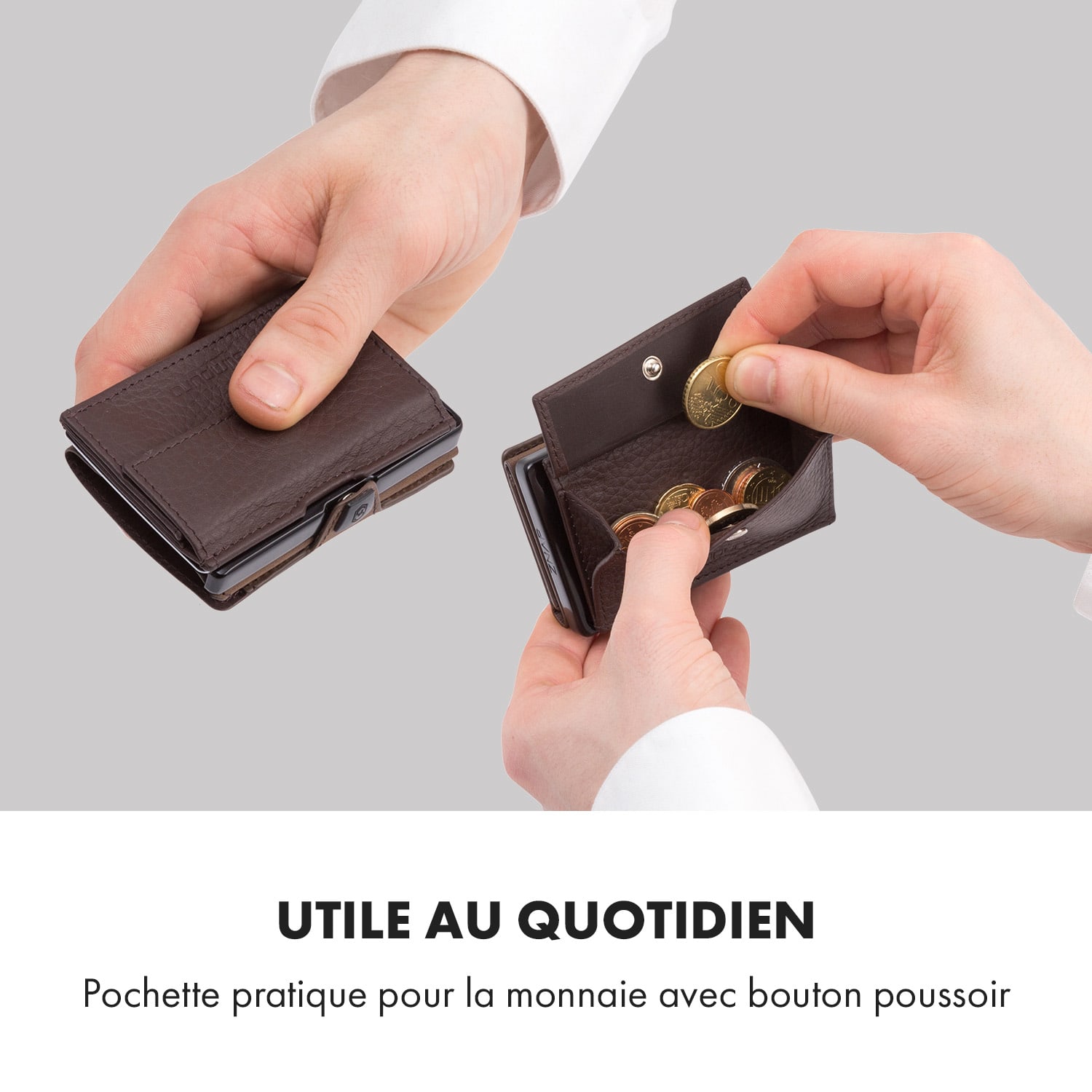 Pochette pour pièces de monnaie avec protection RFID pour les portefeuilles ZNAP Slim 8 et 12 avec bouton poussoir  à grain | Brun Terre