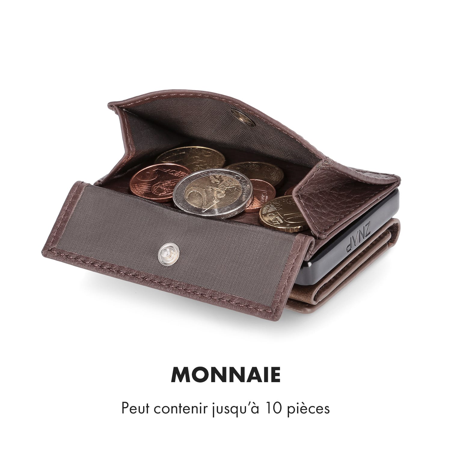 Pochette pour pièces de monnaie avec protection RFID pour les portefeuilles ZNAP Slim 8 et 12 avec bouton poussoir  à grain | Brun Terre