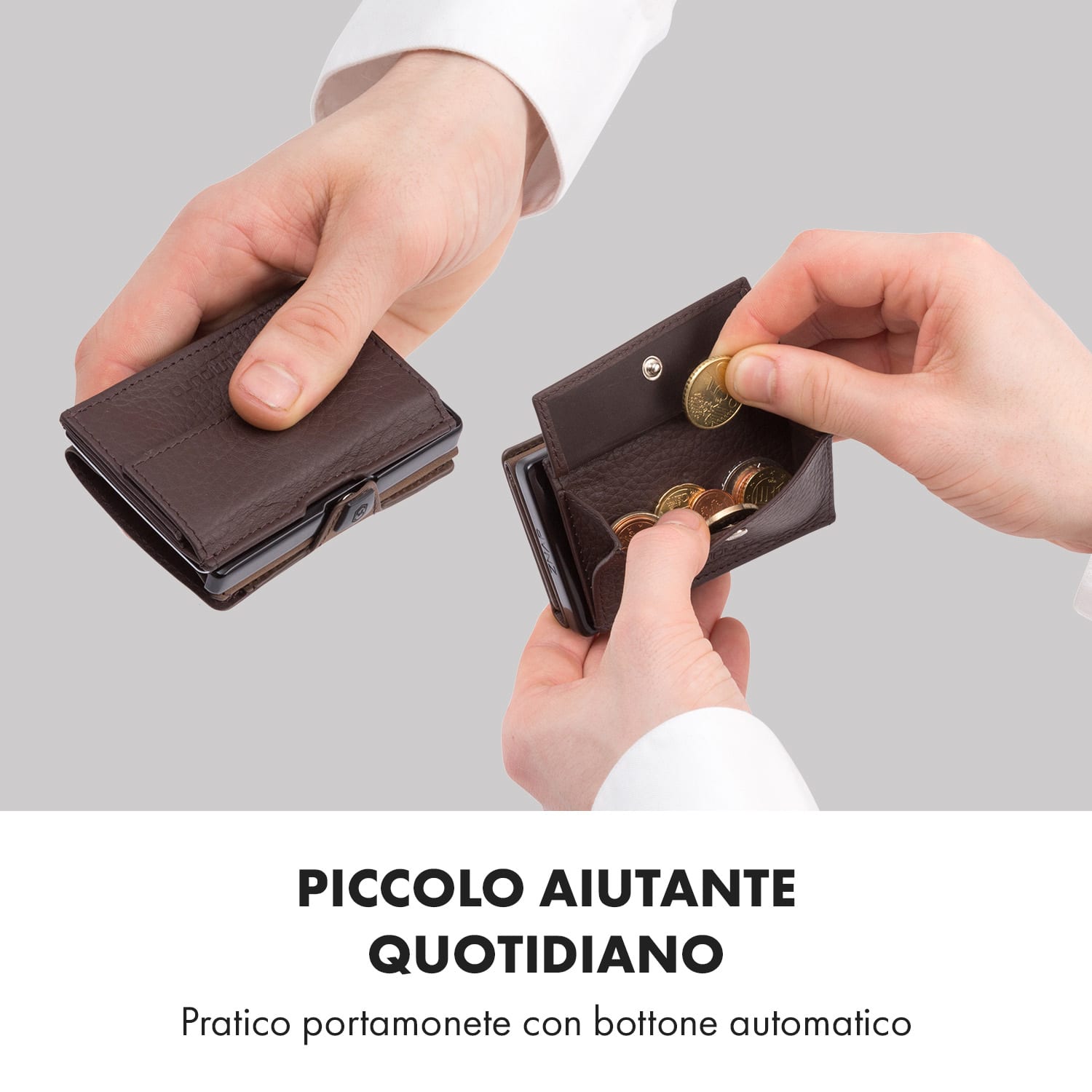 Portamonete con scheda di protezione RFID, ideale per ZNAP Slim Wallet 8 e 12, con bottone automatico  granaio | Terra Marrone