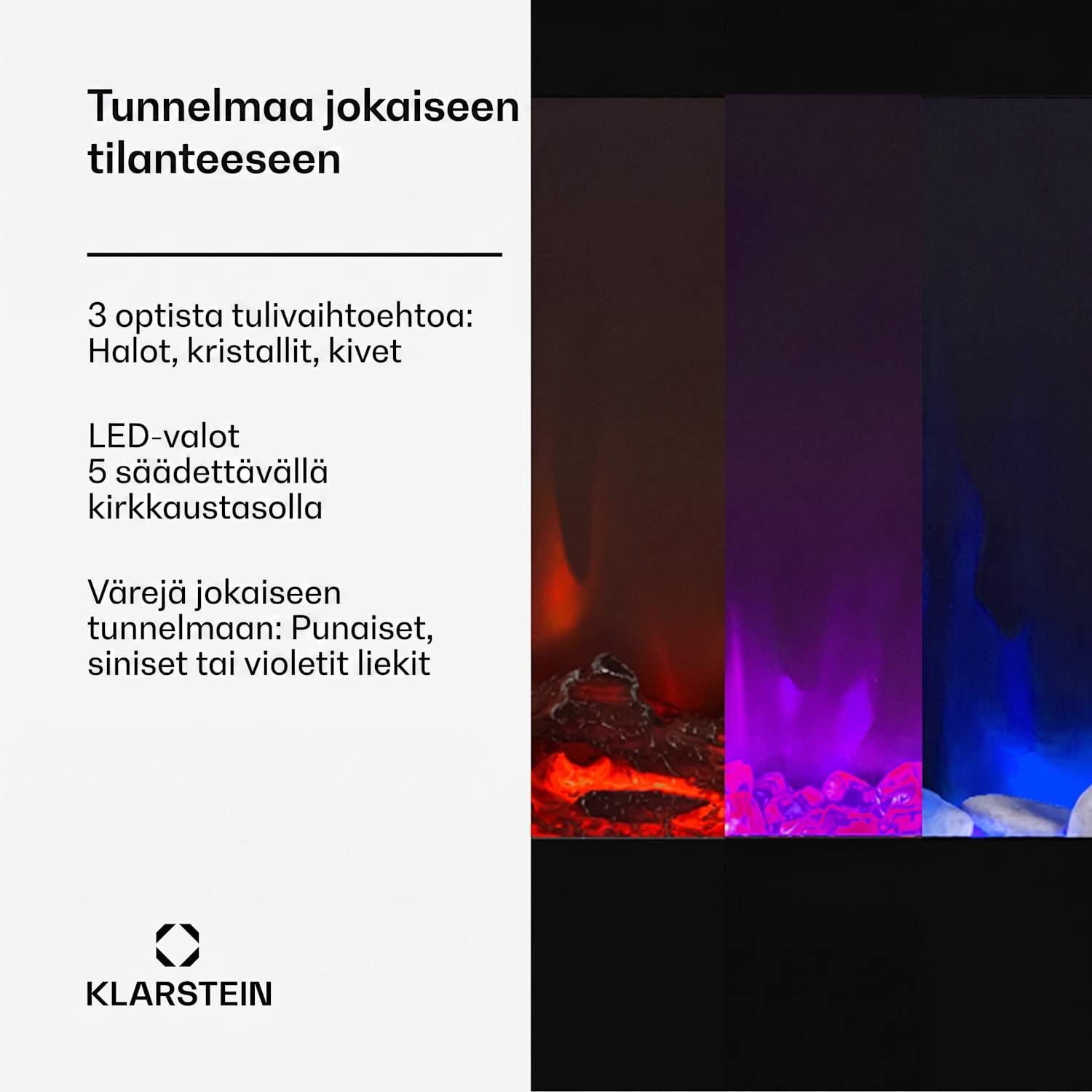Galeras sähköinen seinä- ja sisäänrakennettava takka 1800 W LED 3 väriä ajastin 102x47x12cm | Ei | Musta