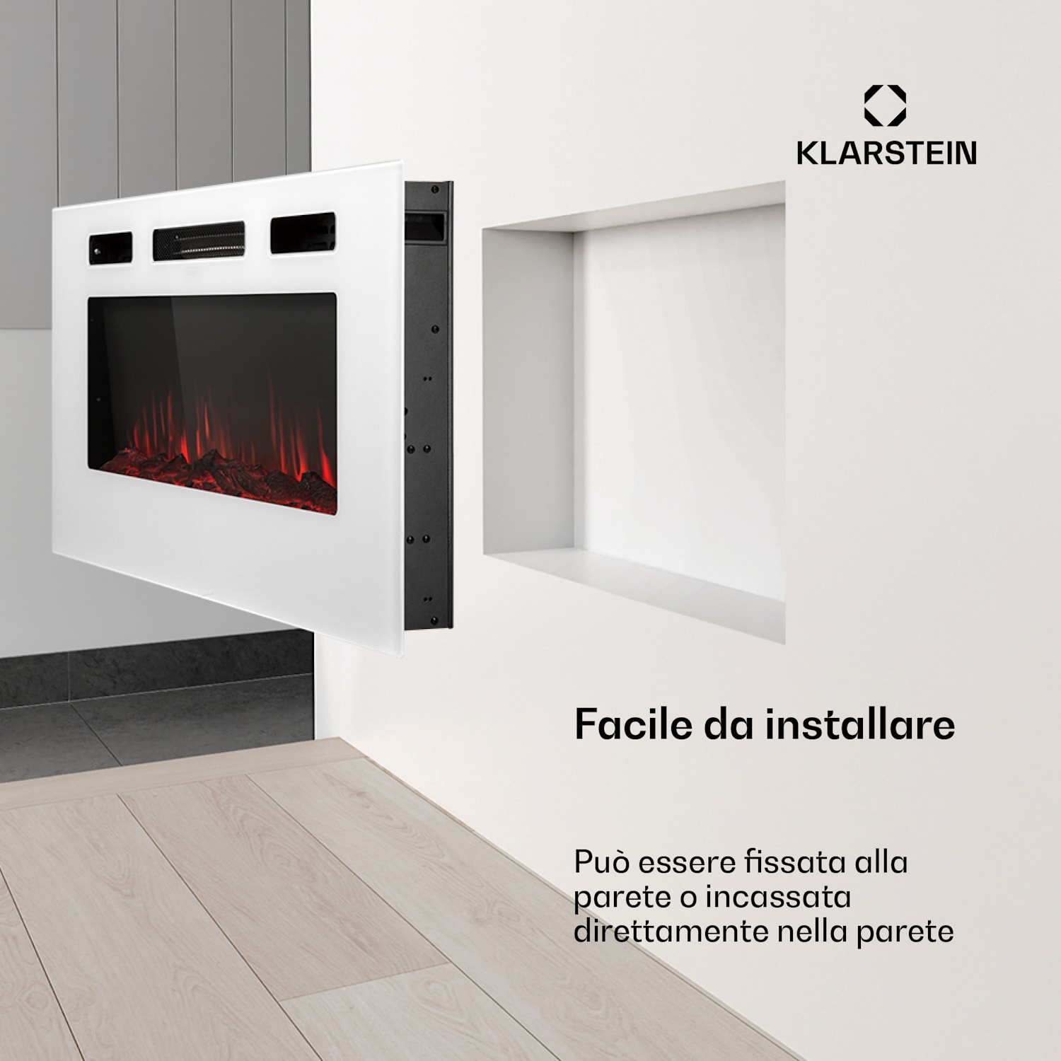 Galeras - Camino elettrico da parete e da incasso, 1800 W, LED, 3 colori, timer 102x47x12cm | No | Bianco