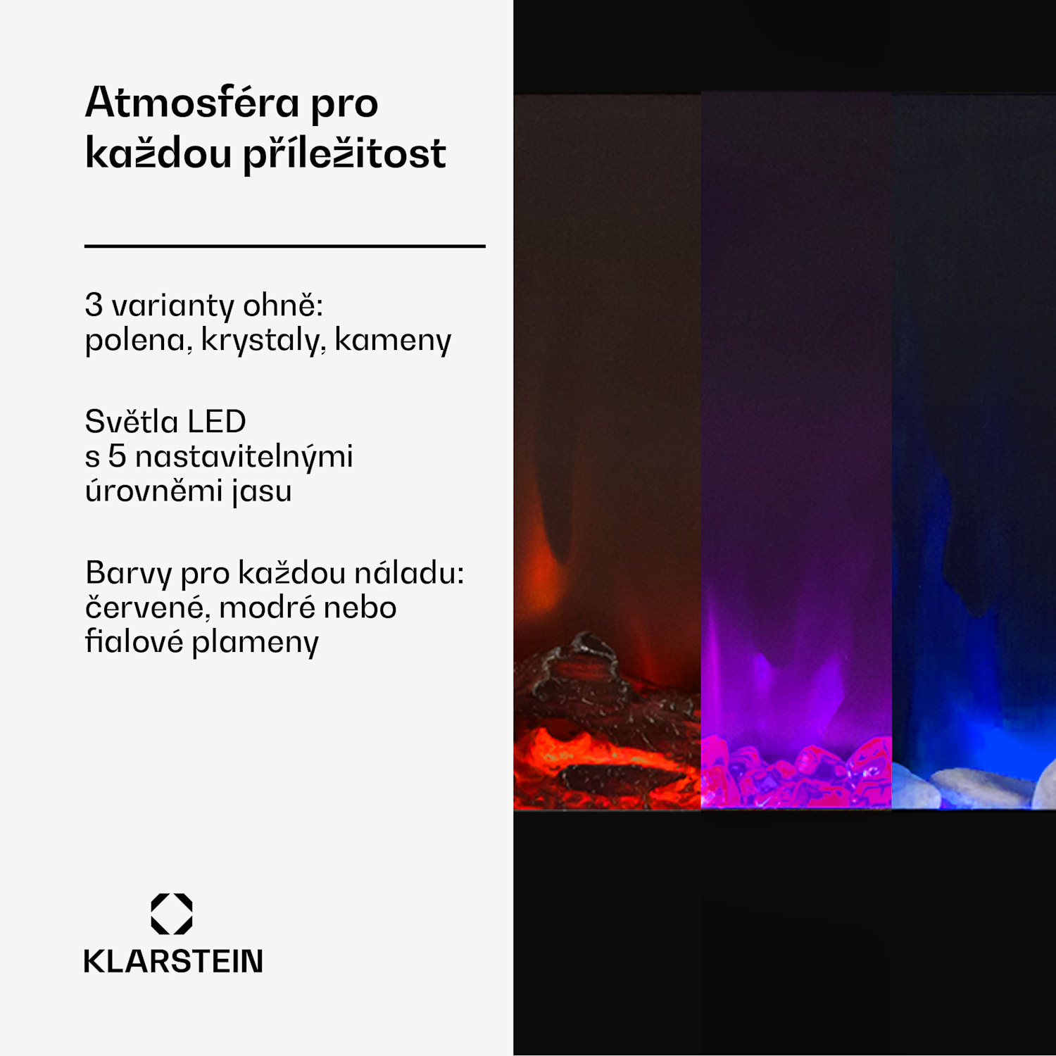 Galeras, elektrický krb, nástěnný a vestavný, 1800 W, LED, 3 barvy, časovač Rozměry 127 x 47 x 12 cm | Ne | Černá