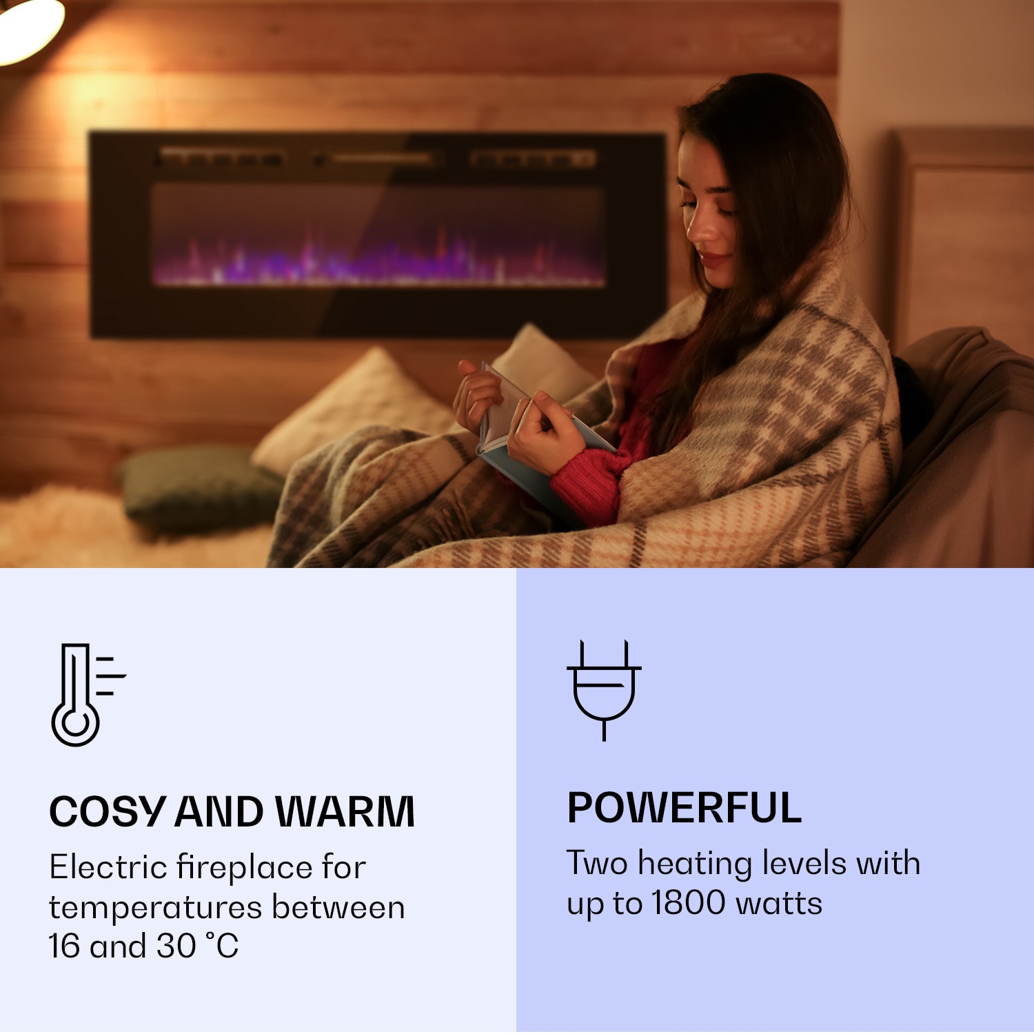 Galeras, elektrický krb, nástěnný a vestavný, 1800 W, LED, 3 barvy, časovač Rozměry 127 x 47 x 12 cm | Ne | Černá