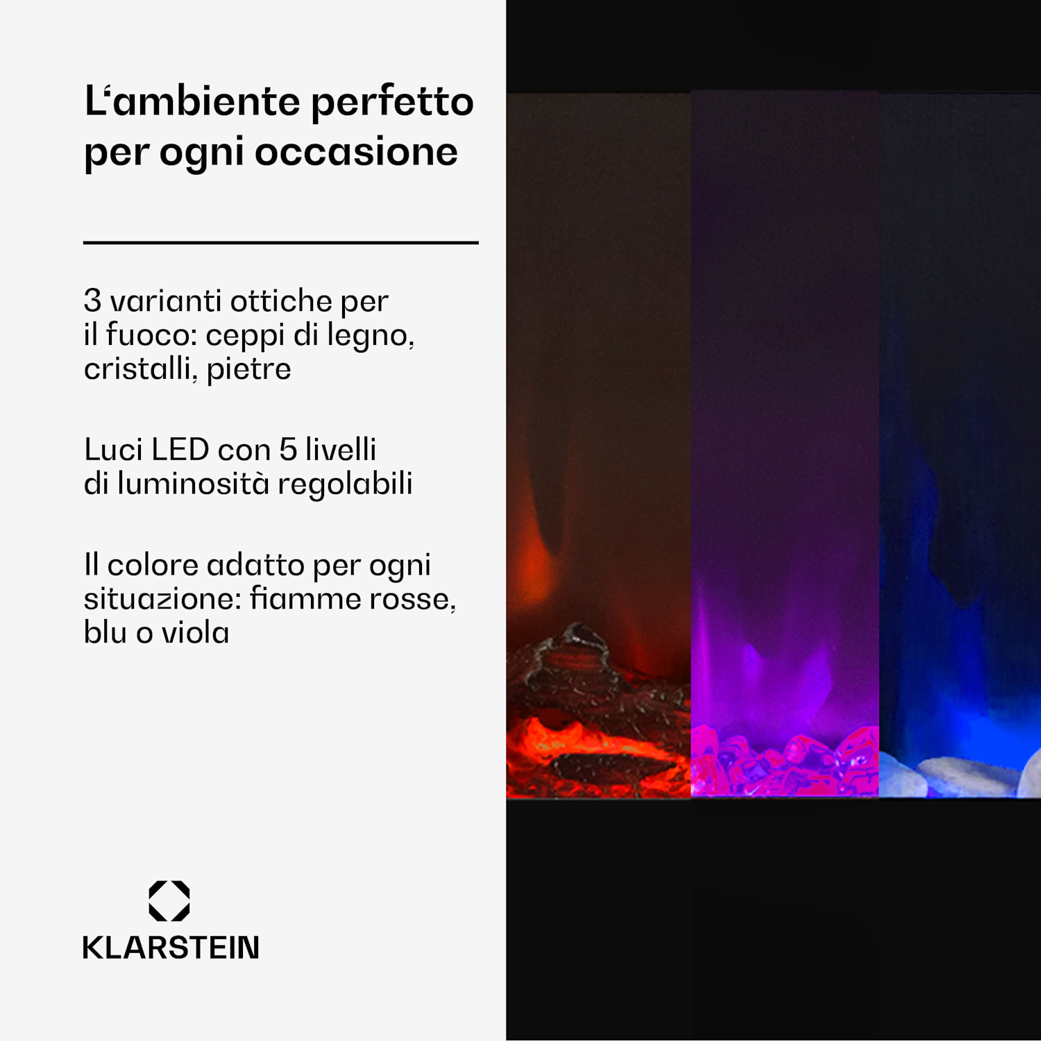 Galeras - Camino elettrico da parete e da incasso, 1800 W, LED, 3 colori, timer 