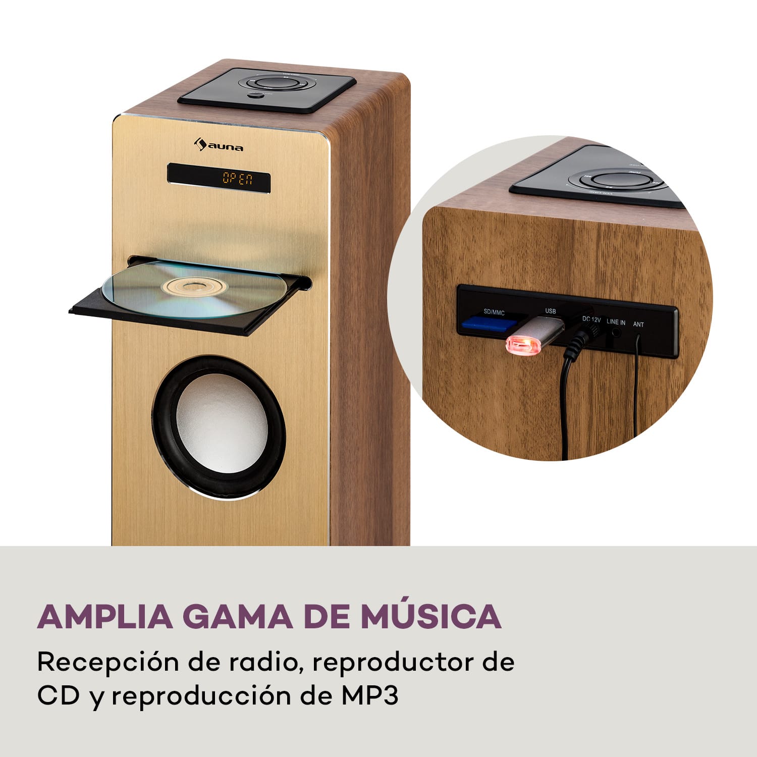 Berklee Altavoz de torre 2 x 10 W RMS Radio FM Reproductor de CD Bluetootht Puerto USB Ranura SD/MMC 