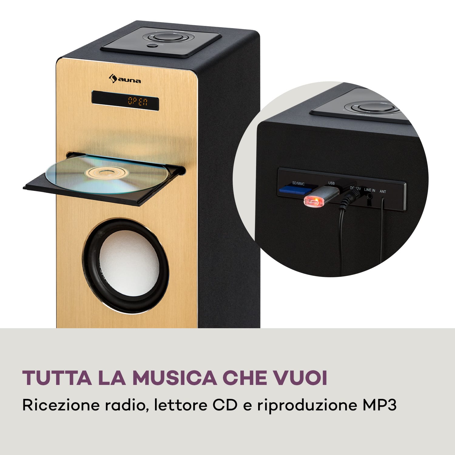 Berklee - Altoparlante a torre, 2 x 10 W RMS, radio FM, lettore CD, Bluetooth, porte USB e SD/MMC Preto