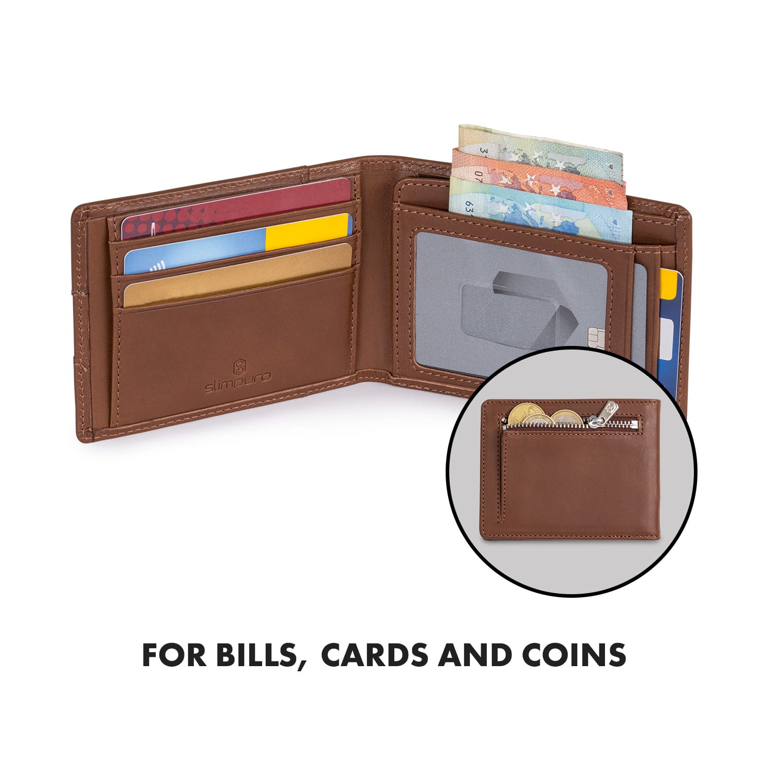 FLAPP Slim Wallet, 6 kariet, vrecko na mince, 11,8 x 1,8 x 9 cm (Š x V x H), ochrana RFID Zemitá hnedá