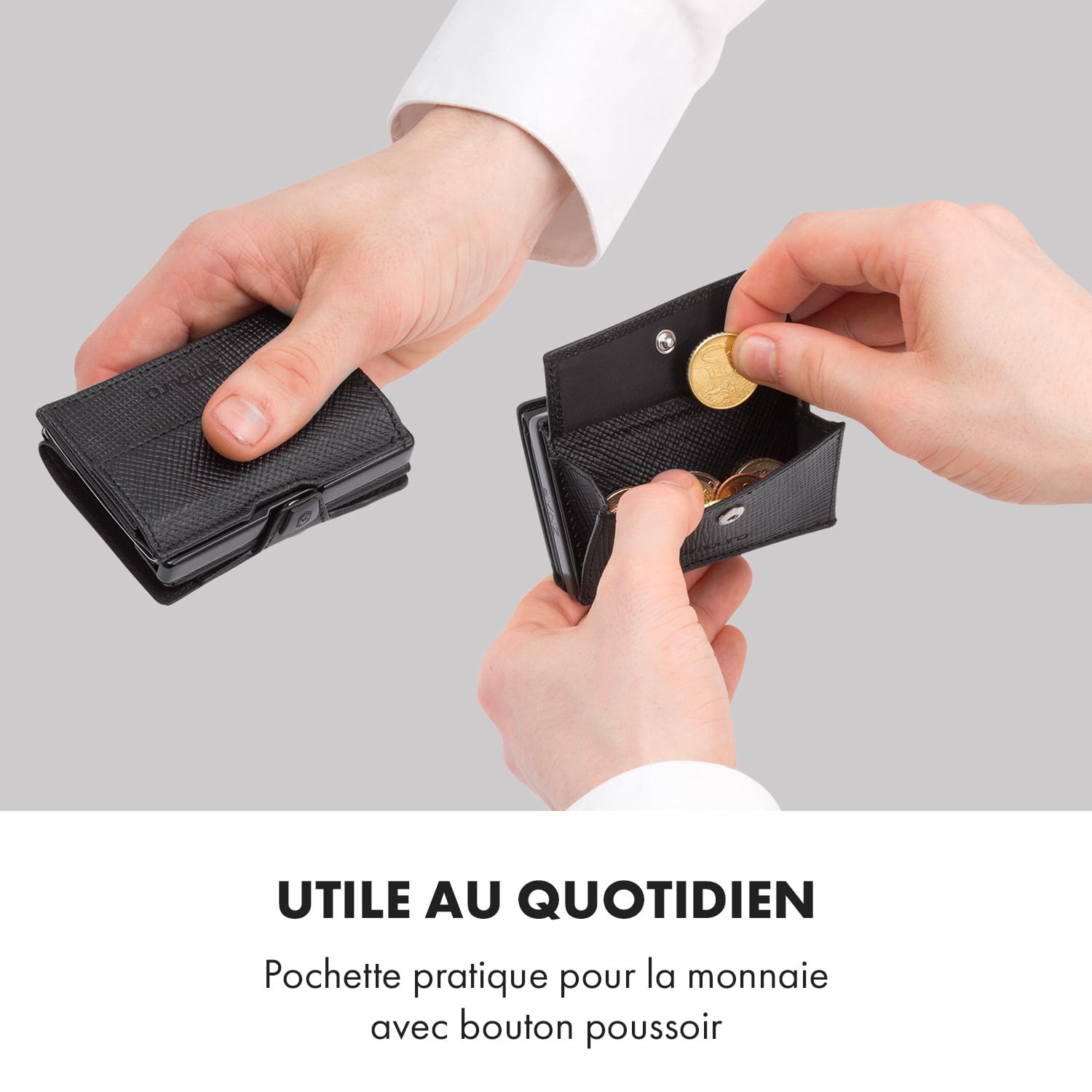 Pochette pour pièces de monnaie avec protection RFID pour les portefeuilles ZNAP Slim 8 et 12 Wallets avec bouton poussoir  Saffiano | Noir