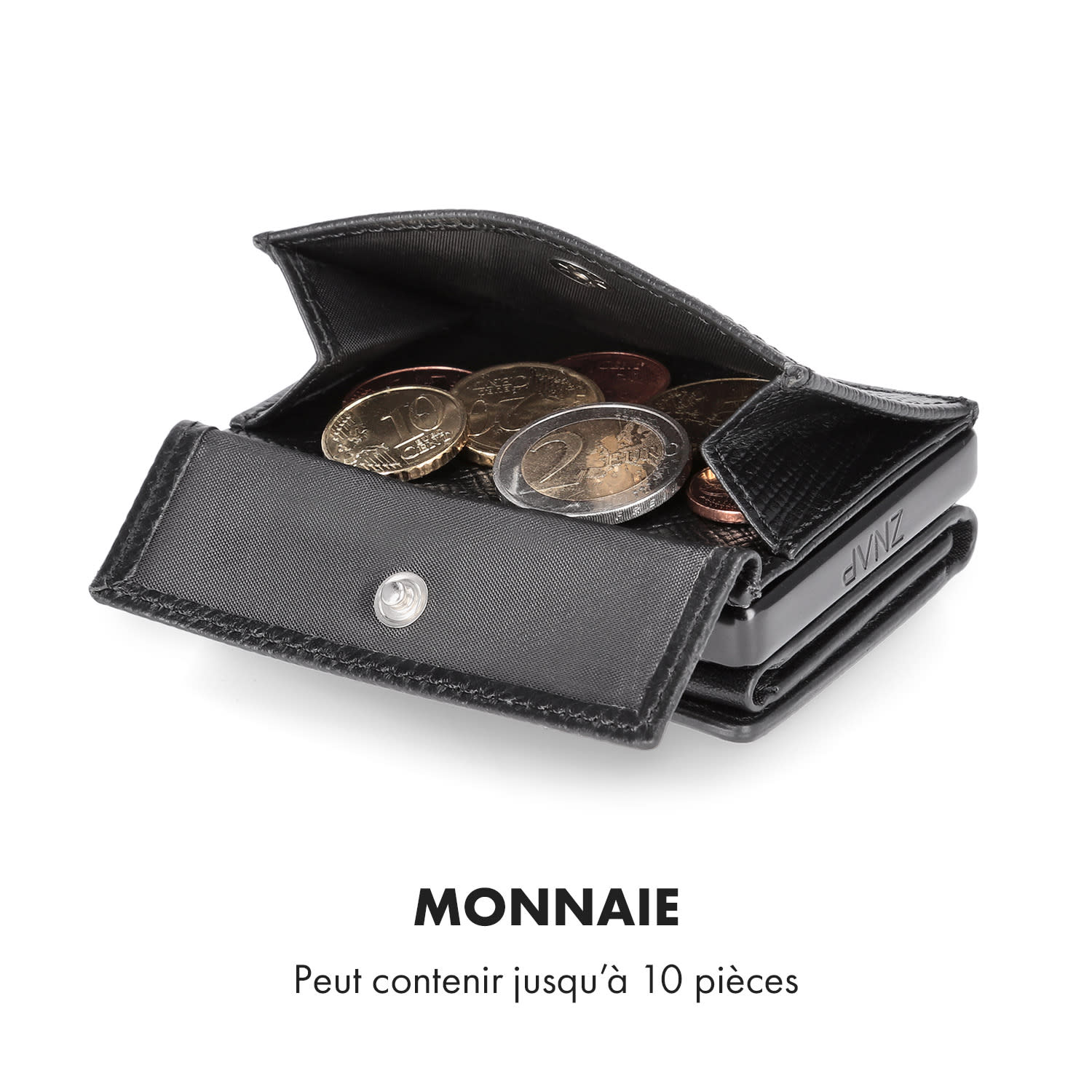 Pochette pour pièces de monnaie avec protection RFID pour les portefeuilles ZNAP Slim 8 et 12 Wallets avec bouton poussoir  Saffiano | Noir