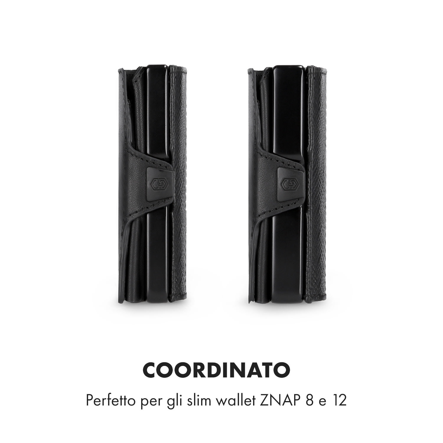 Portamonete con scheda di protezione RFID, ideale per ZNAP Slim Wallet 8 e 12, con bottone automatico  Saffiano. | Nero