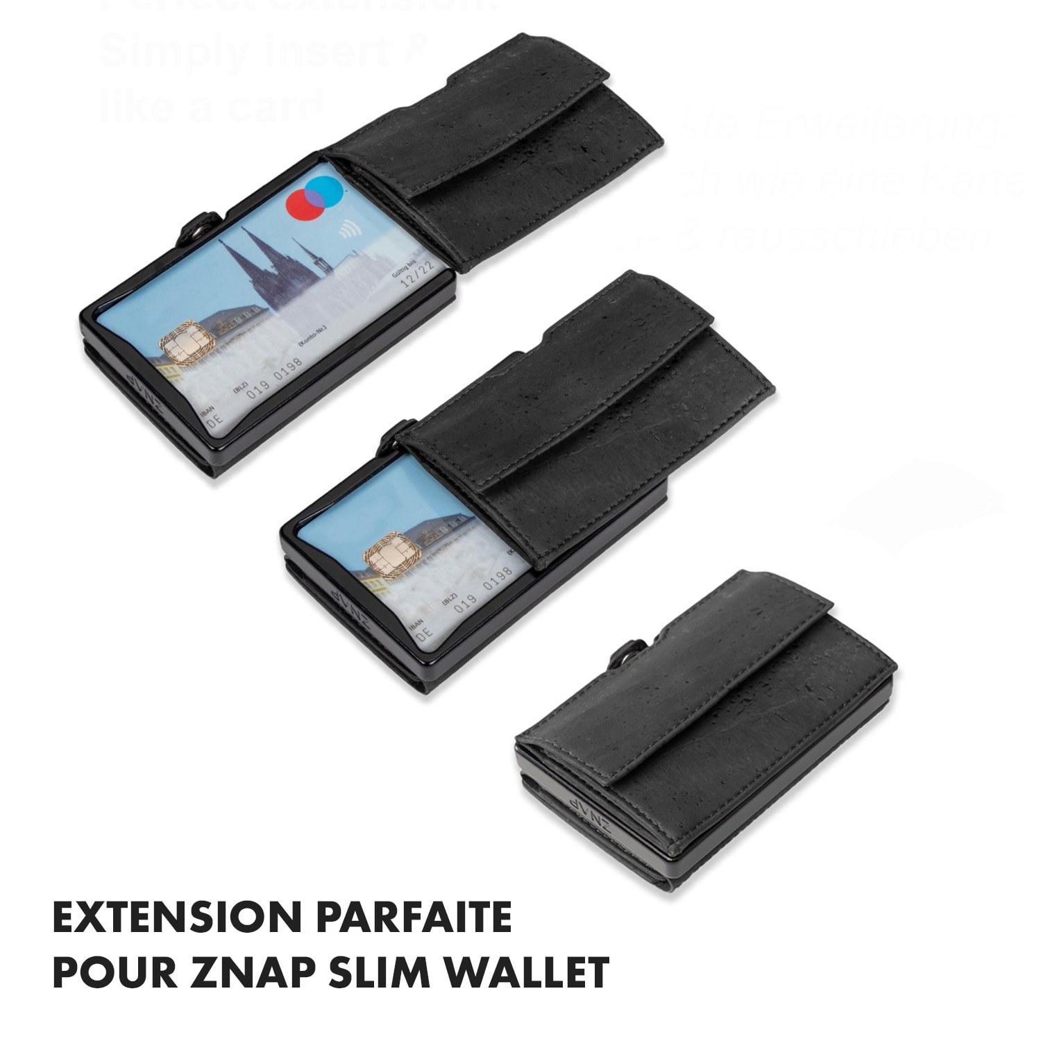 Pochette pour pièces de monnaie avec protection RFID pour les portefeuilles ZNAP Slim 8 et 12 avec bouton poussoir  Structure de liège | Noir