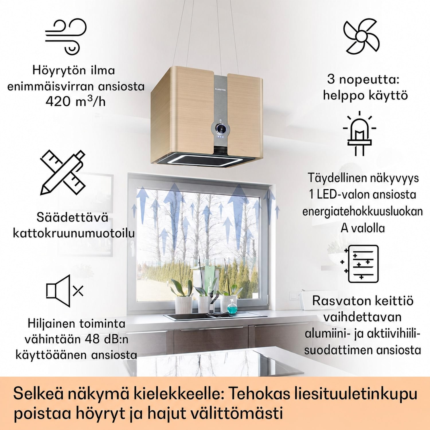 Futurelight Smart saarekeliesituuletin kiertoilma 413 m³/h LED ruostumaton teräs Antiikki Kulta Metallinen