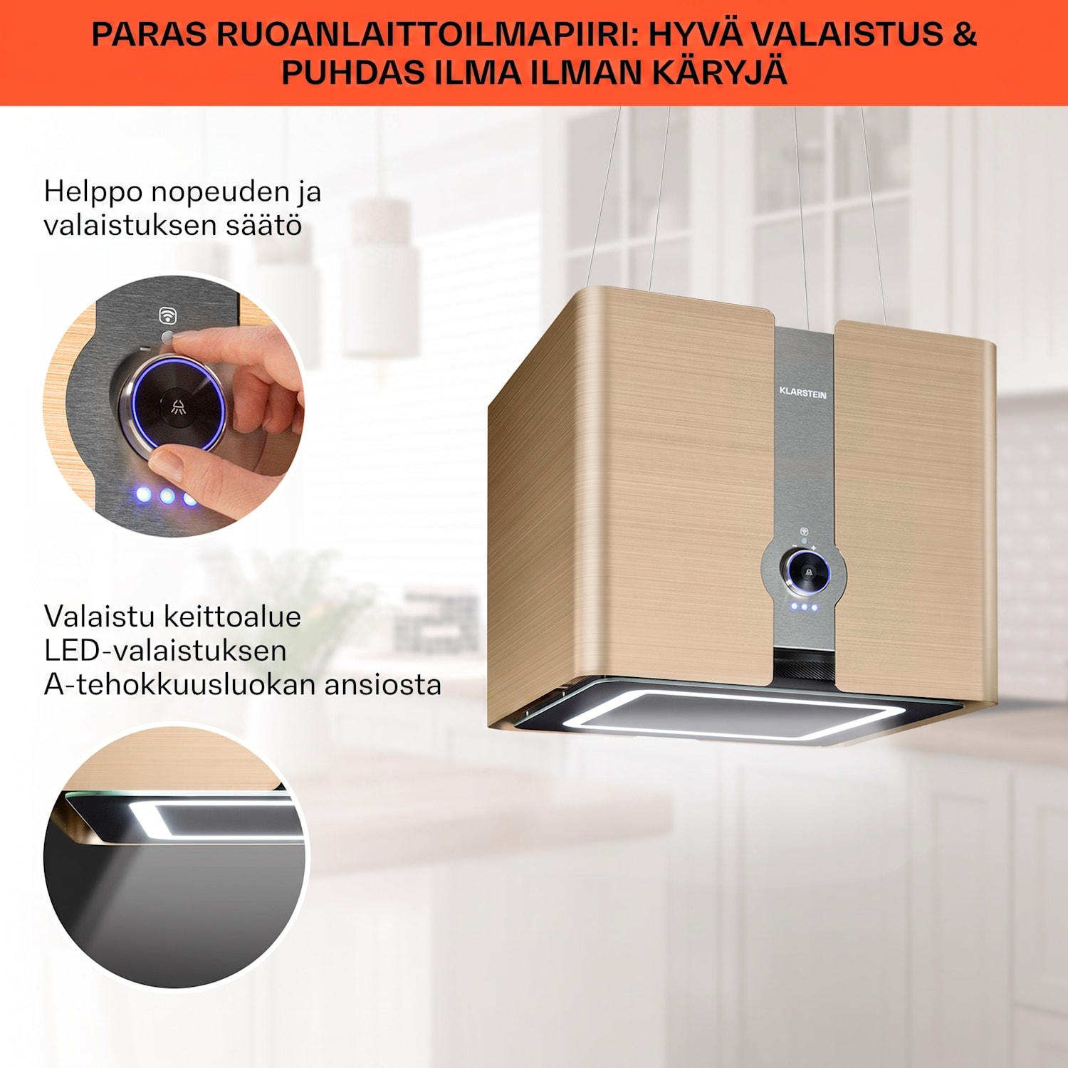 Futurelight Smart saarekeliesituuletin kiertoilma 413 m³/h LED ruostumaton teräs Antiikki Kulta Metallinen