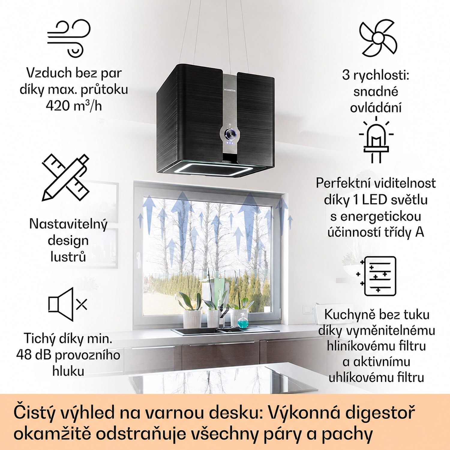 Futurelight Smart, digestoř, 45 cm, ostrůvková, 413 m³/h, LED, nerezová ocel, černá Černá