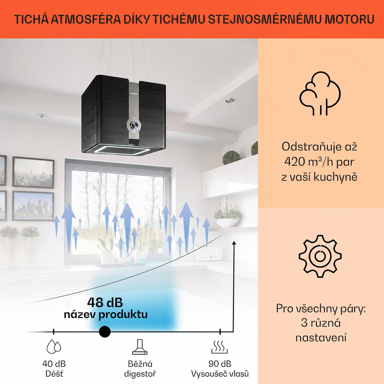 Futurelight Smart, digestoř, 45 cm, ostrůvková, 413 m³/h, LED, nerezová ocel, černá Černá